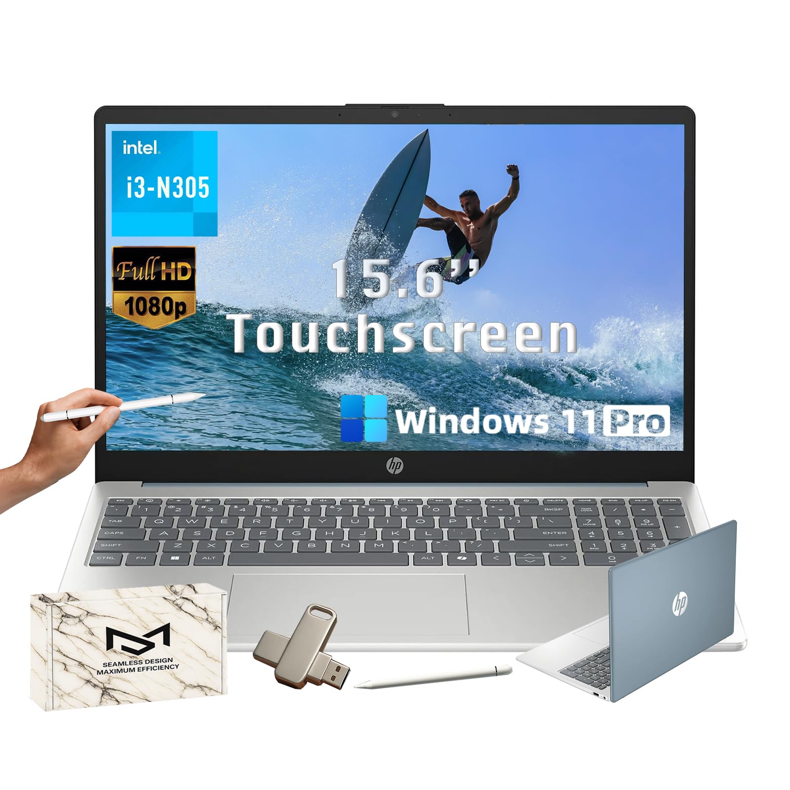HP 15.6 Touchscreen Laptop Computer - Windows 11Pro, AI Copilot, 16GB RAM + 1TB SSD, 15.6'' FHD Anti-Glare Touchscreen (1920 x 1080), Intel 8 Core i3-N305, Intel UHD Graphics, WiFi-6, Moonlight Blue