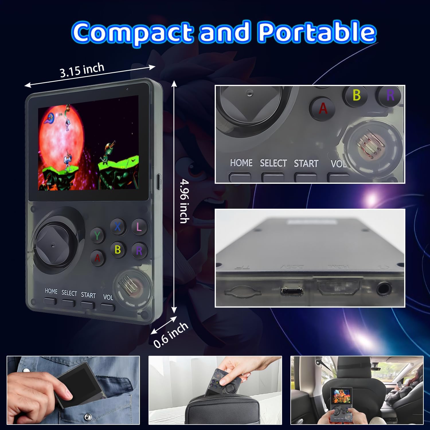 Kids Handheld Retro Game Console Pre-Loaded 100 Classic 16-Bit Games, Handheld Video Gaming Console with 2.8" Color Screen, Rechargeable Battery, Handheld Game for Boys Girls (Transparent Grey)