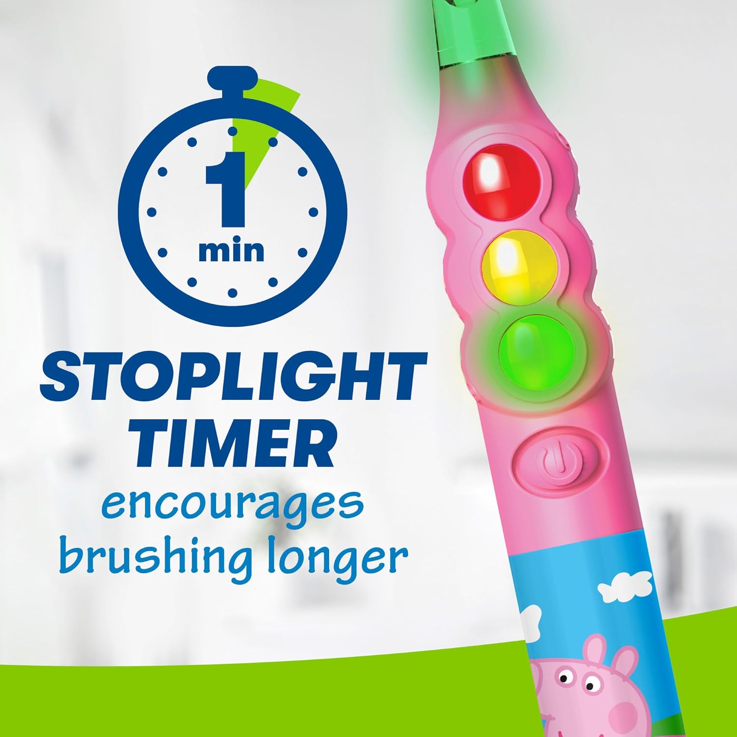 Firefly Ready Go Brush, Peppa Pig, Light Up Timer Toothbrush, Premium Soft Bristles, 1 Minute Timer, Less Mess Suction Cup, Battery Included, Easy Storage, for Ages 3+, 1 Count
