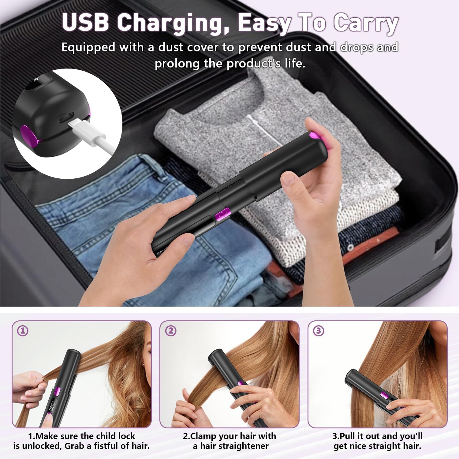 Hair Straightener,Cordless Rechargeable Flat Iron (LCD),Cordless Hair Straightener 4500mAh,Portable Travel Straightener and Curler 2 in 1,Mini Ceramic Curling Iron,USB Rechargeable Hot Tools