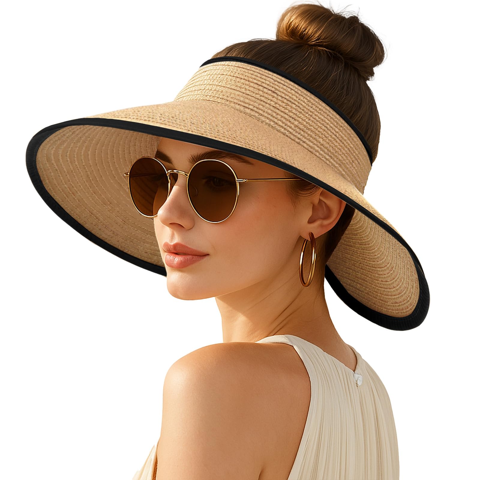 Women's Sun Visor Hats Wide Brim Straw Beach Hat Ponytail Hats for Women Foldable Floppy