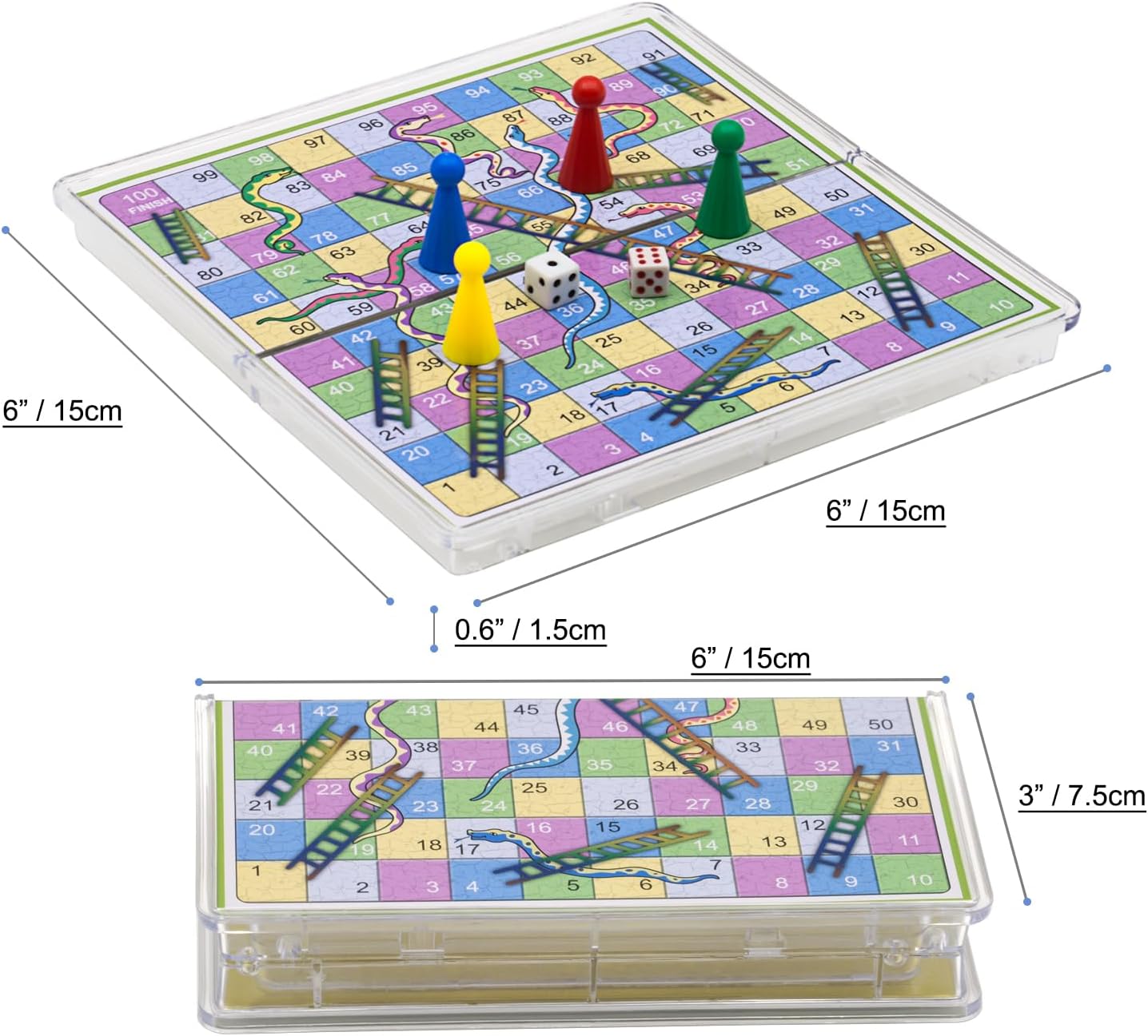 Mini Snakes and Ladders Board Game Set -6″, Magnetic Folding Travel Board Game for Kids (Pocket Crystal Style)