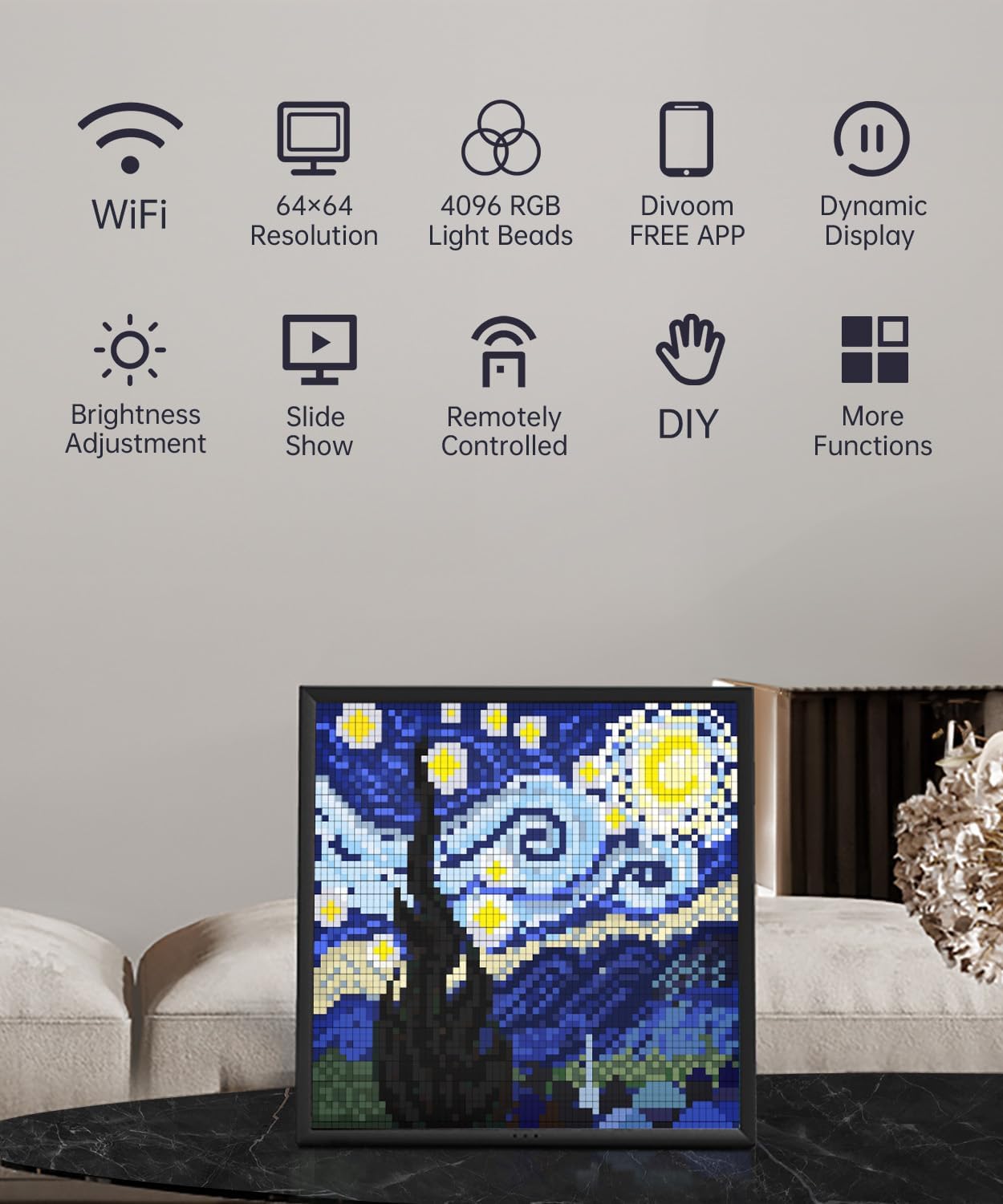 Divoom Pixoo-64 - WiFi Pixel Cloud Digital Frame with APP Control,64 X 64 LED Panel Display Frame for Gaming Room Decoration/Social Media Fans Counter