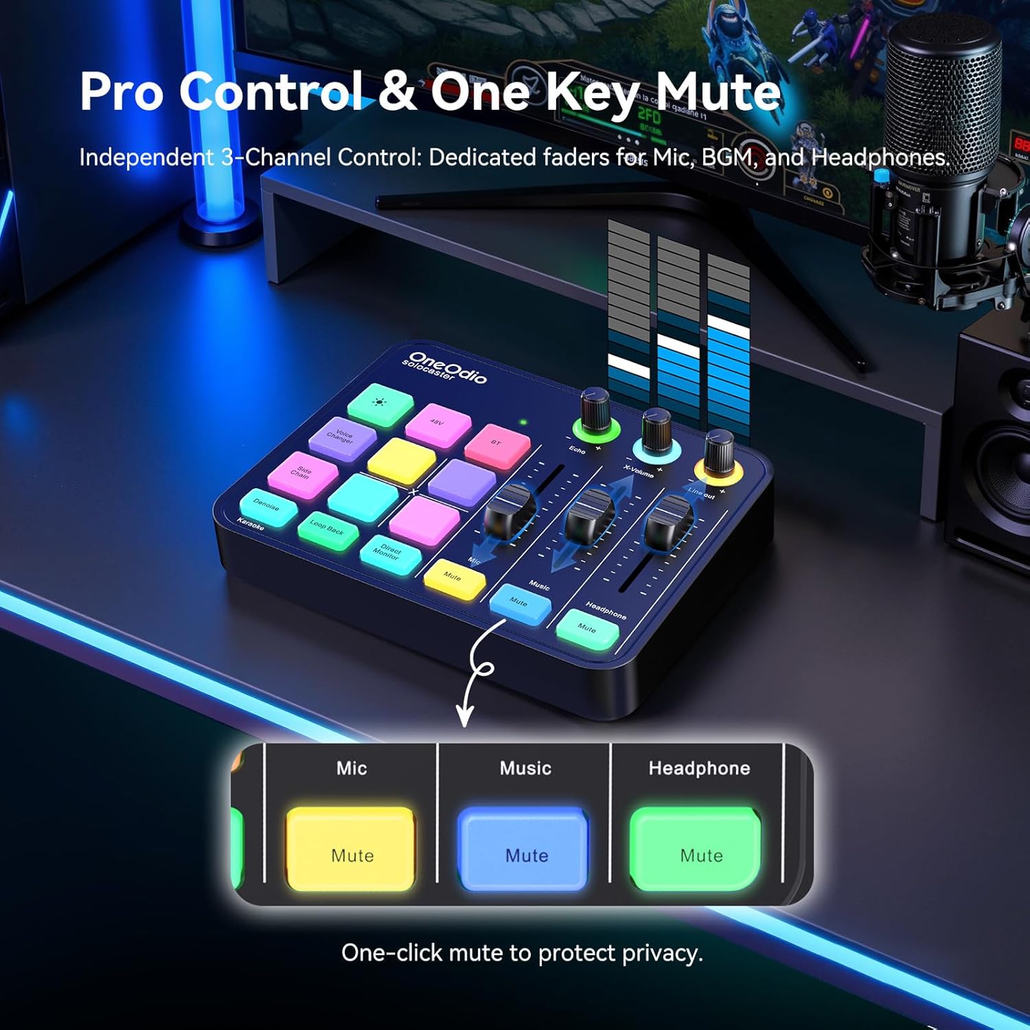 OneOdio Solocaster Gaming Audio Mixer - 5 Channel Interface with 48V Phantom Power, Bluetooth, RGB Lighting, 3.5mm/XLR/USB C, for Streaming/Podcast/Karaoke on PC, Mac, Mobile