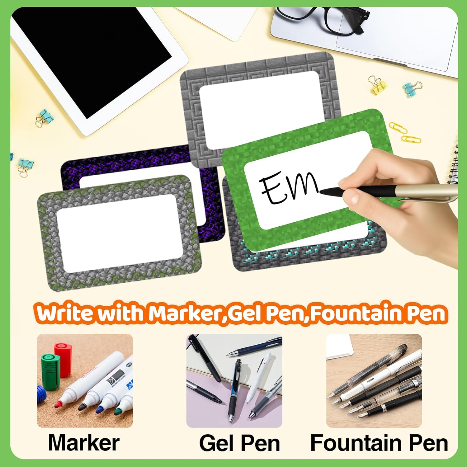 Video Game Border Name Tag Stickers 2.2 x 3.5 Inch（100 Pcs） Pixel Gaming Sticky Name Tags Labels Deacl for Party School Locker Office Home Meeting Classroom Decor