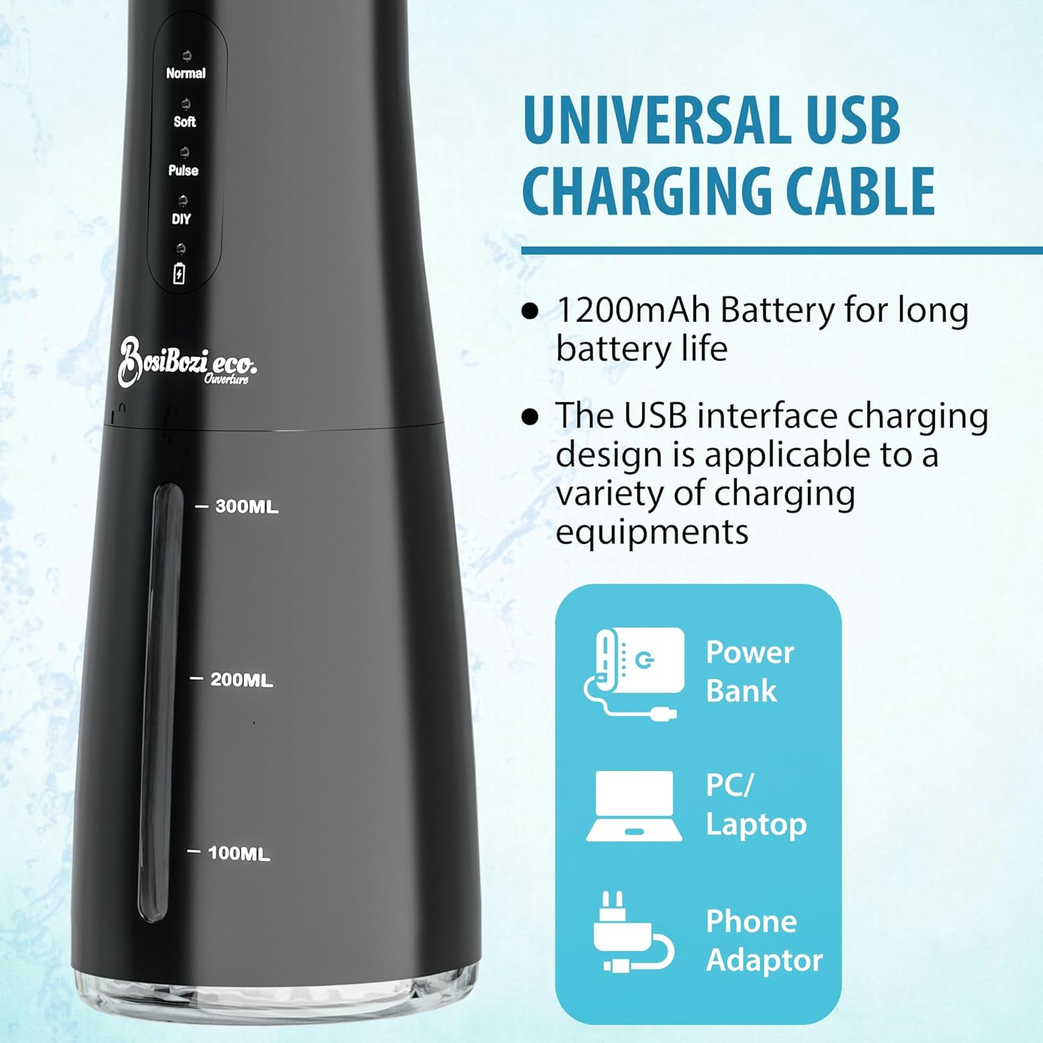 BosiBozi Rechargeable Water Flossers for Teeth, 4 Modes Cordless & Portable Power Dental Flossers 300ML Tank, IPX7 Waterproof Water Flosser, USB-C Charing Cable, 3 Jet Heads, 1 Tongue Scrapper