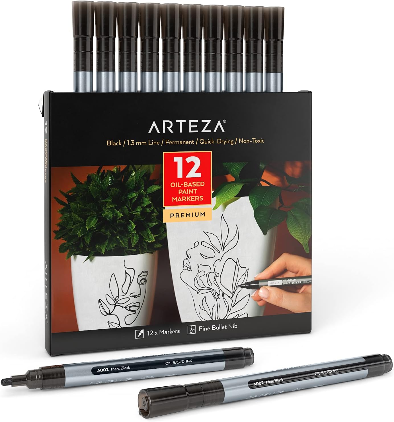 ARTEZA Oil Based Paint Markers, 12-Pack Black, 1.3 mm Permanent Pens, Waterproof Craft and Art Supplies for Stone, Wood, Glass, Metal, Canvas, Paper