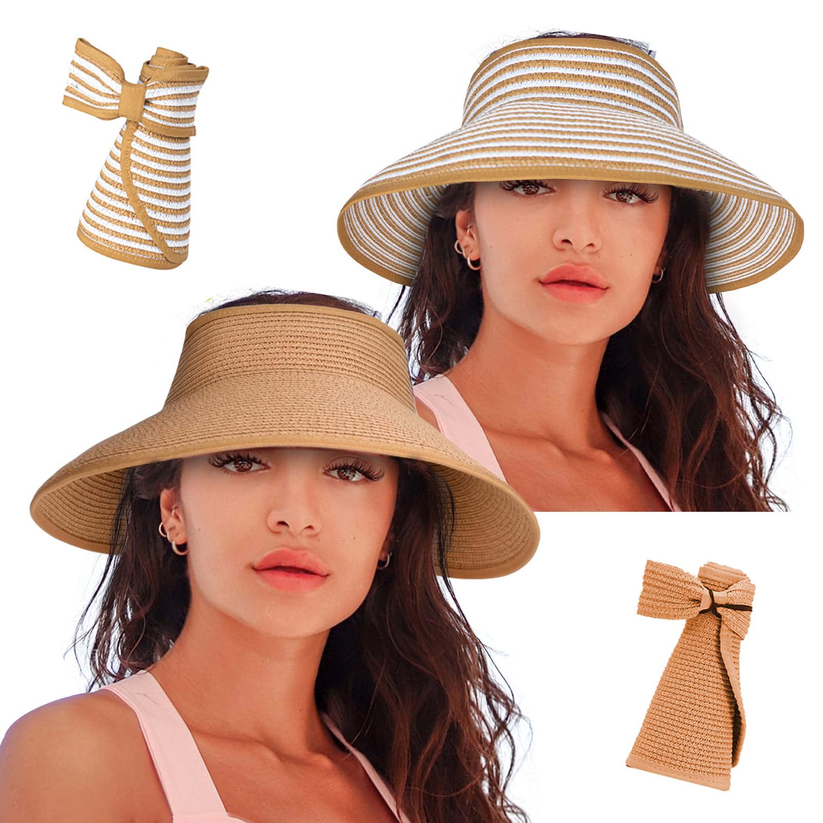 Women's Sun Visor Hats Wide Brim Straw Beach Hat Ponytail Hats for Women Foldable Floppy