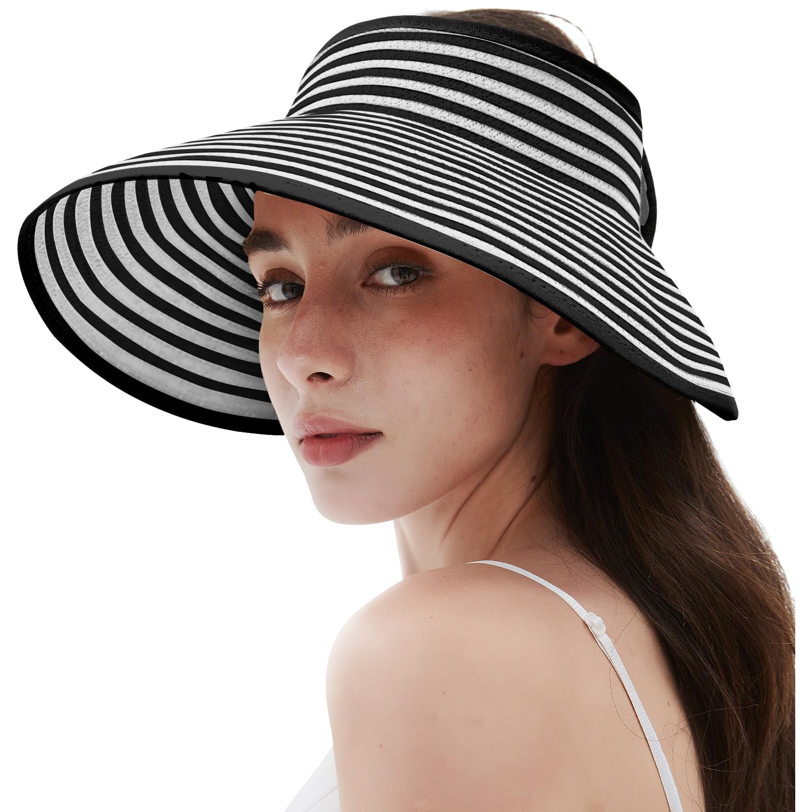 Women's Sun Visor Hats Wide Brim Straw Beach Hat Ponytail Hats for Women Foldable Floppy