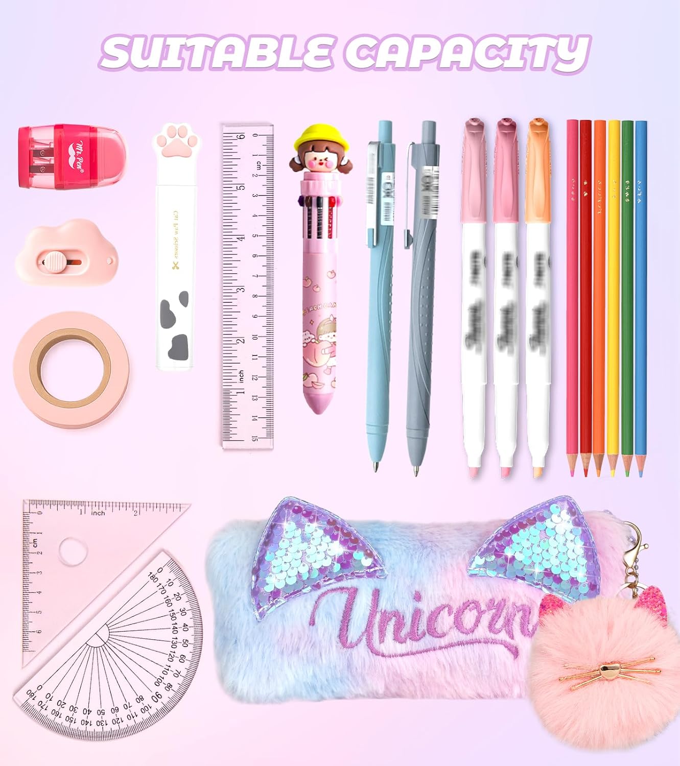 Cute Pencil Case for Girls - Back to School Stuff Zipper Pencil Case Aesthetic, Soft Plush Pen Bag for Students, Glitter Bling Study Supplies Stationery, Sparkly Cat Ear Sequin Makeup Bag