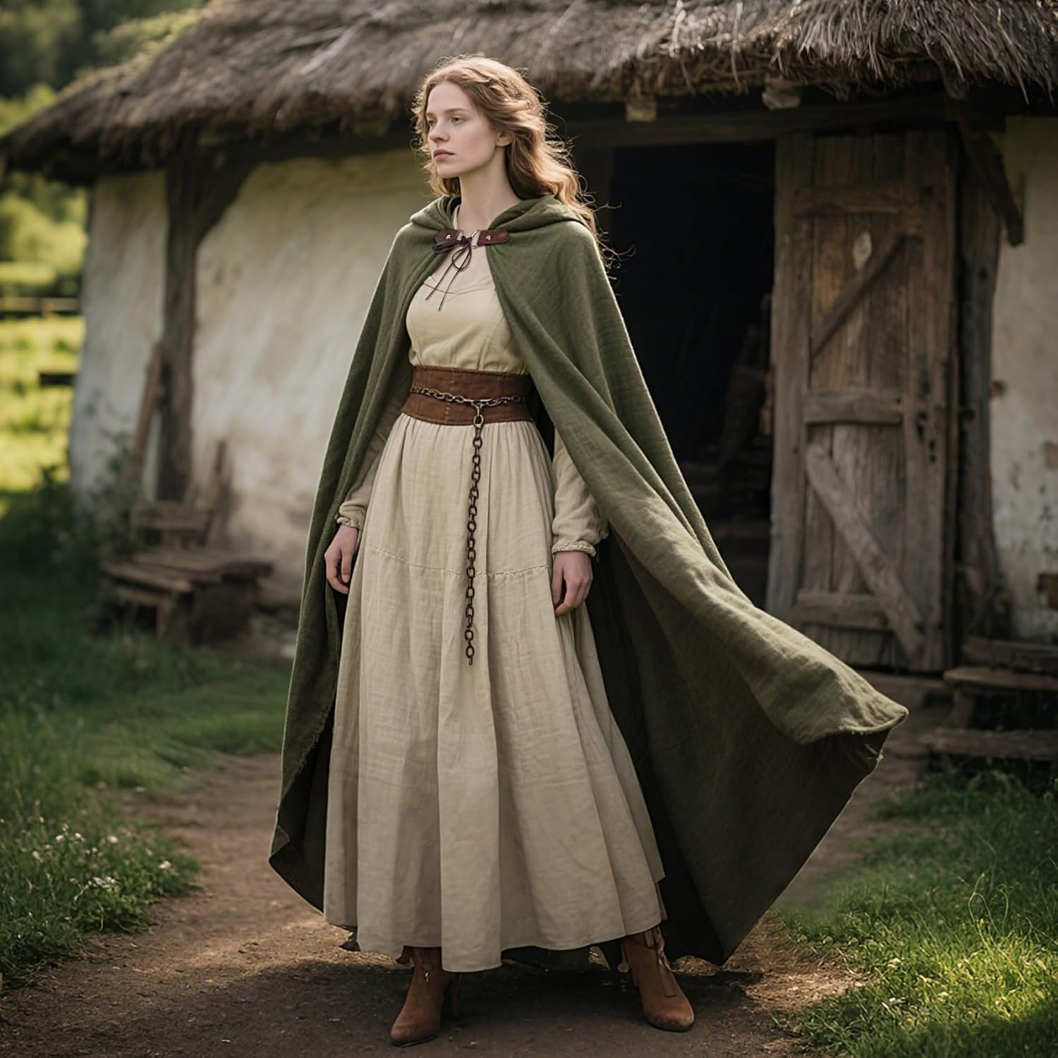 L'VOW Medieval Hooded Cloak Linen Renaissance Cape with Hood - Halloween Hobbit Cosplay Witch Wizard LARP