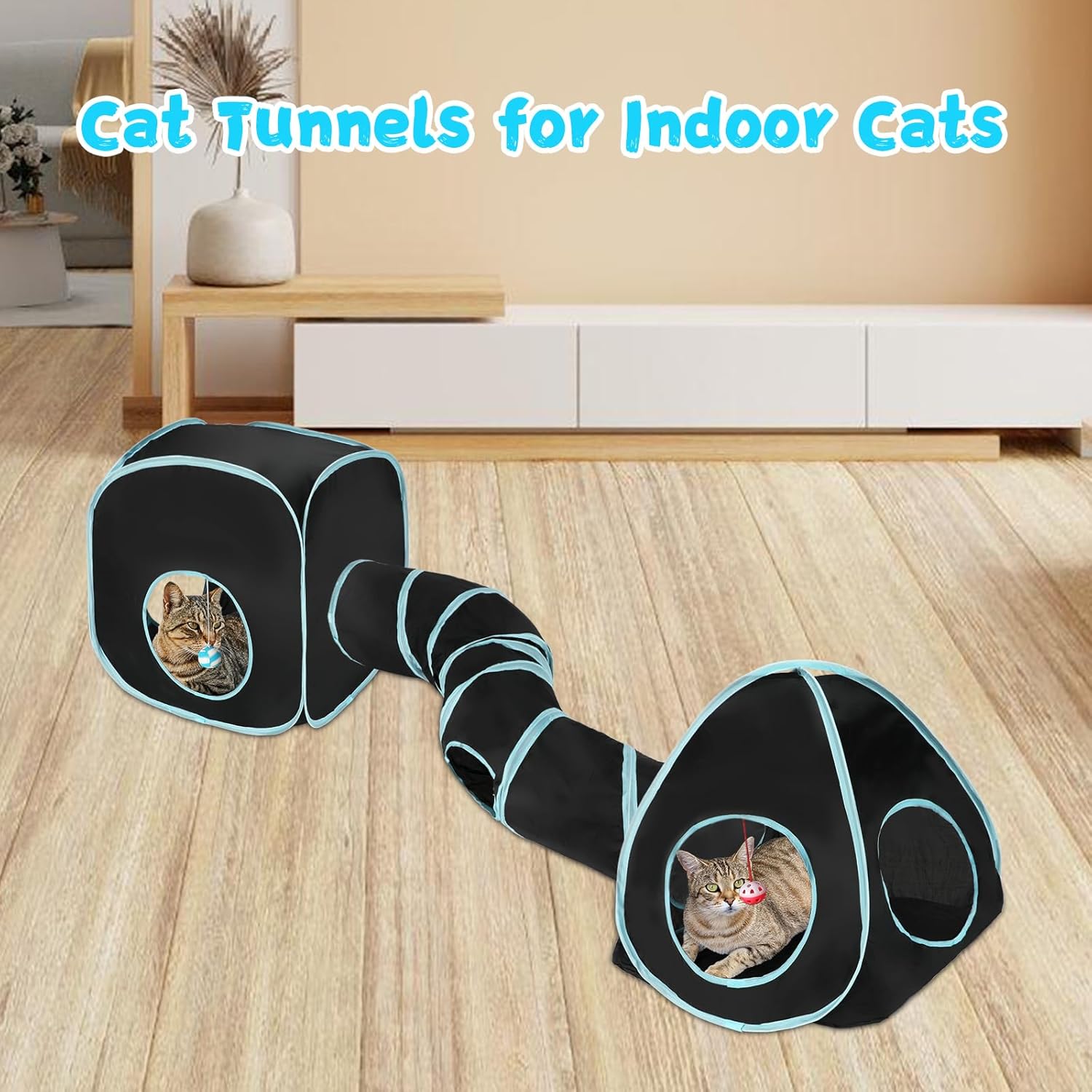 Rypet Cat Tunnels for Indoor Cats with Cube Tent, Interactive Collapsible Cat Tube and Foldable Cubes Playground for Hiding Hunting and Resting, Pet Tube with Bell for Kitten, Rabbit, Puppy, Ferret