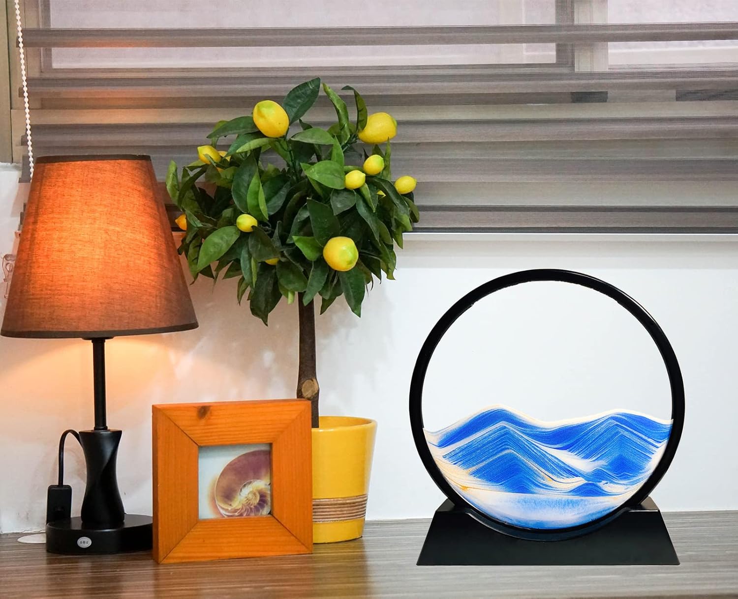 Moving Sand Art Liquid Motion - Moving Sand Art Picture 3D Deep Sea Sandscape, Round Glass Frame Display Flowing Sand Relaxing Toy for Desktop Home Office Work Ocean Decor(Blue, 7")