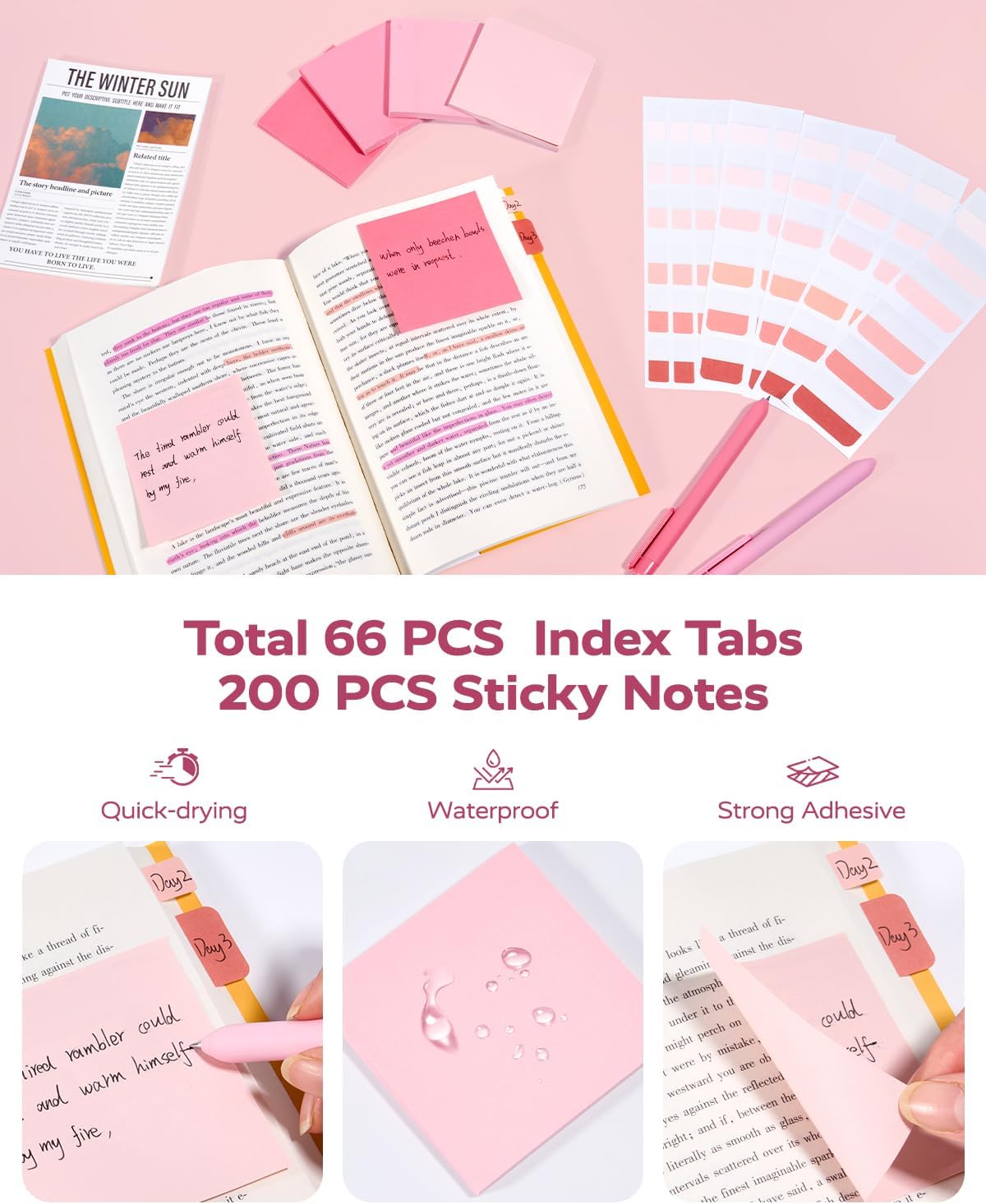 Four Candies Pink School Supplies with Case, Gel Pens with Black Ink, Correction Tapes, Pastel Highlighters, Mechanical Pencils, Sticky Notes, Index Post for Bible Study Stationary College Essentials