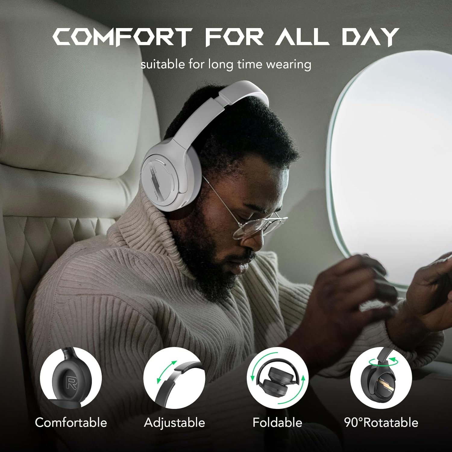 Black Shark JoyBuds Max Active Noise Cancelling Headphones, 50H Playtime Wireless Over Ear Headphones with Microphone, Bluetooth 5.4 Gaming Headsets Comfort Fit Ear Cups, 6EQ Modes via APP (White)