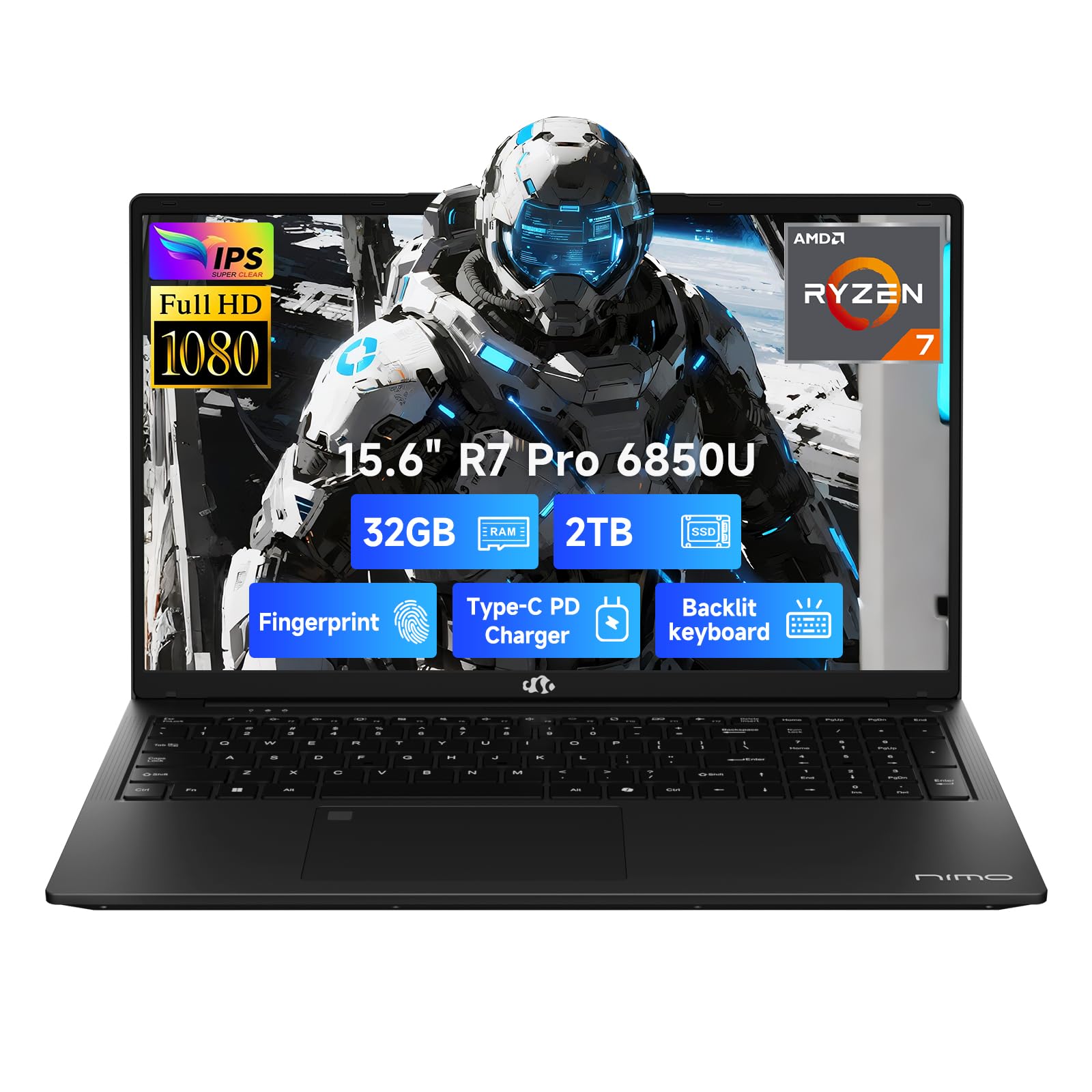 NIMO 15.6" FHD Light-Gaming-Laptop, 8 Cores AMD Ryzen 7 Pro 6850U 32GB LPDDR5 RAM 1TB SSD (Beat i7-1360P Up to 4.7GHz) GPU AMD Radeon 680M IPS Computer with 100W Type-C Backlit Keyboard Fingerprint