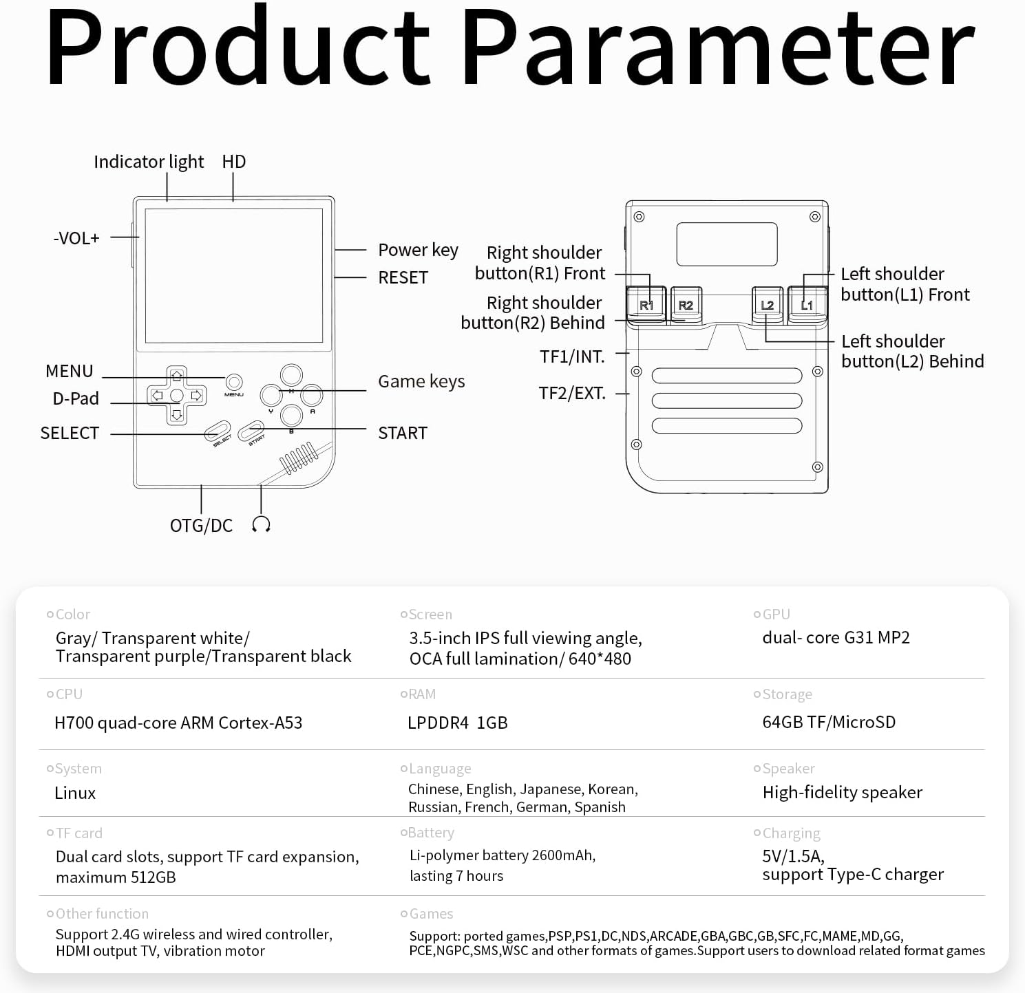 RG35XX Retro Handheld Game Console, 3.5 Inch IPS Screen, 64GB Storage with 5700 Pre-Loaded Games, HDMI TV Output, 2600mAh Battery, Grey (35XX Purple-11)