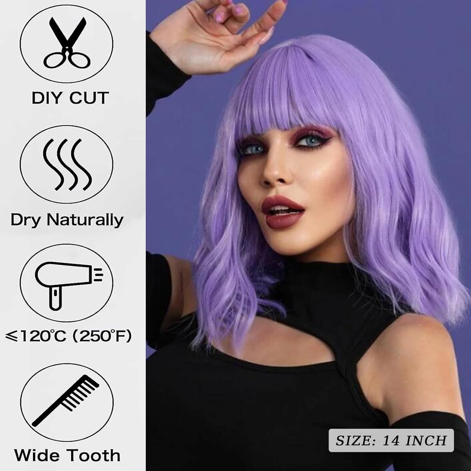 andromeda Purple Wig with Bangs Soft Short Bob Wavy Wigs for Women Synthetic Shoulder Length Women's Curly Wigs for Halloween Costumes Cosplay Daily (Purple)
