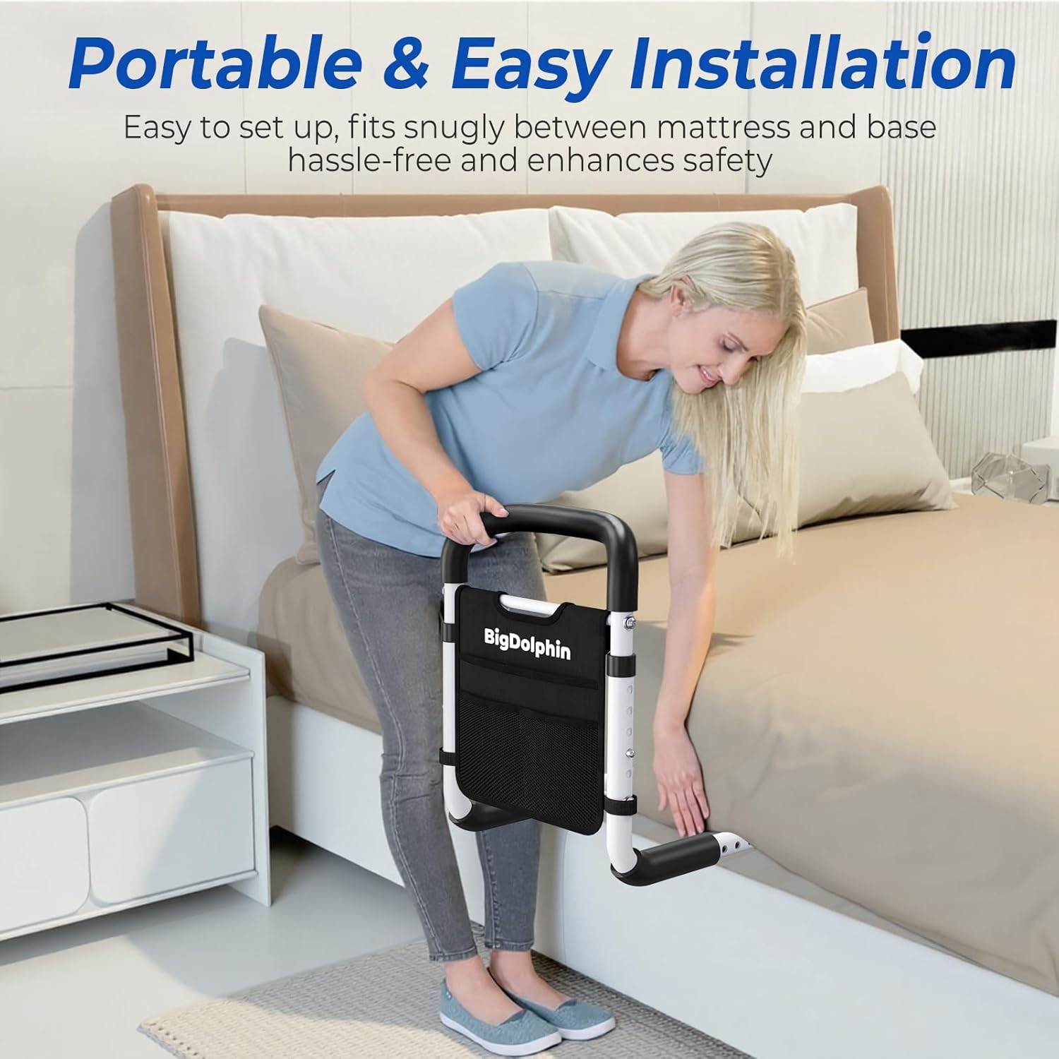 Bed Rails for Elderly Adults 2026 Upgrade - ASTM Compliant, Adjustable Bed Cane with Non-Slip Ergonomic Handle & Storage Pocket, Bed Railings for Seniors Hold up to 350 LBS, Tool-Free