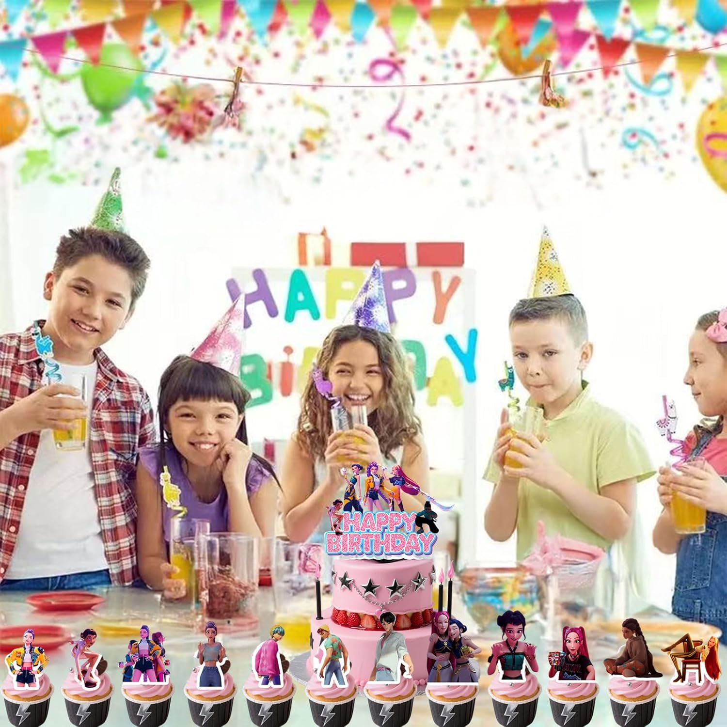 Anime Party Decorations, Cartoon Happy Birthday Decorations, K-pop Banner Suit, Includes Banners, Cake Toppers, Hanging, and Dessert Toppers