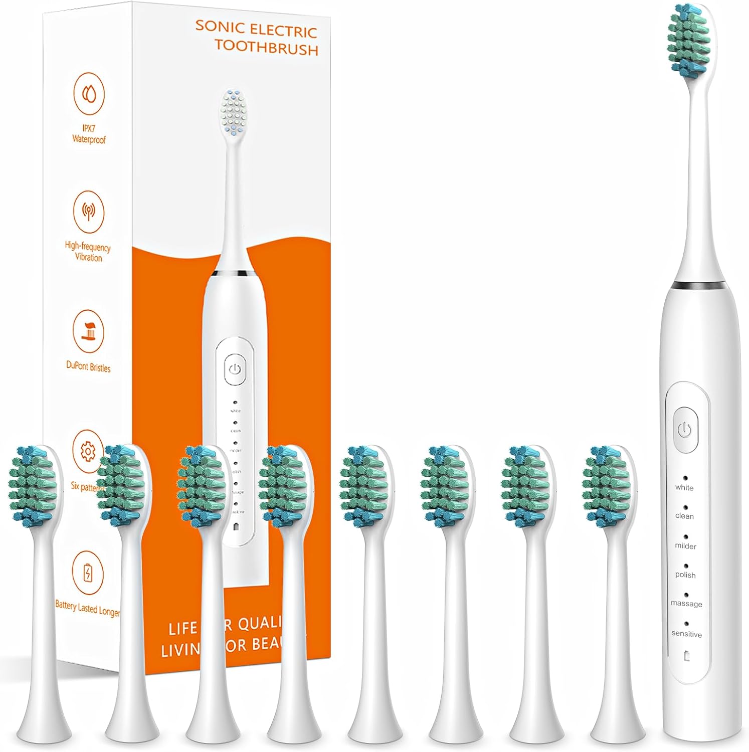Waterproof Sonic Electric Toothbrush for Adults - 6 Modes with Pressure Sensor, Smart Timer，Rechargeable Toothbrushes with 8 Brush Heads,Whitening & Sensitive Teeth Care ,30 Days Long Battery Life