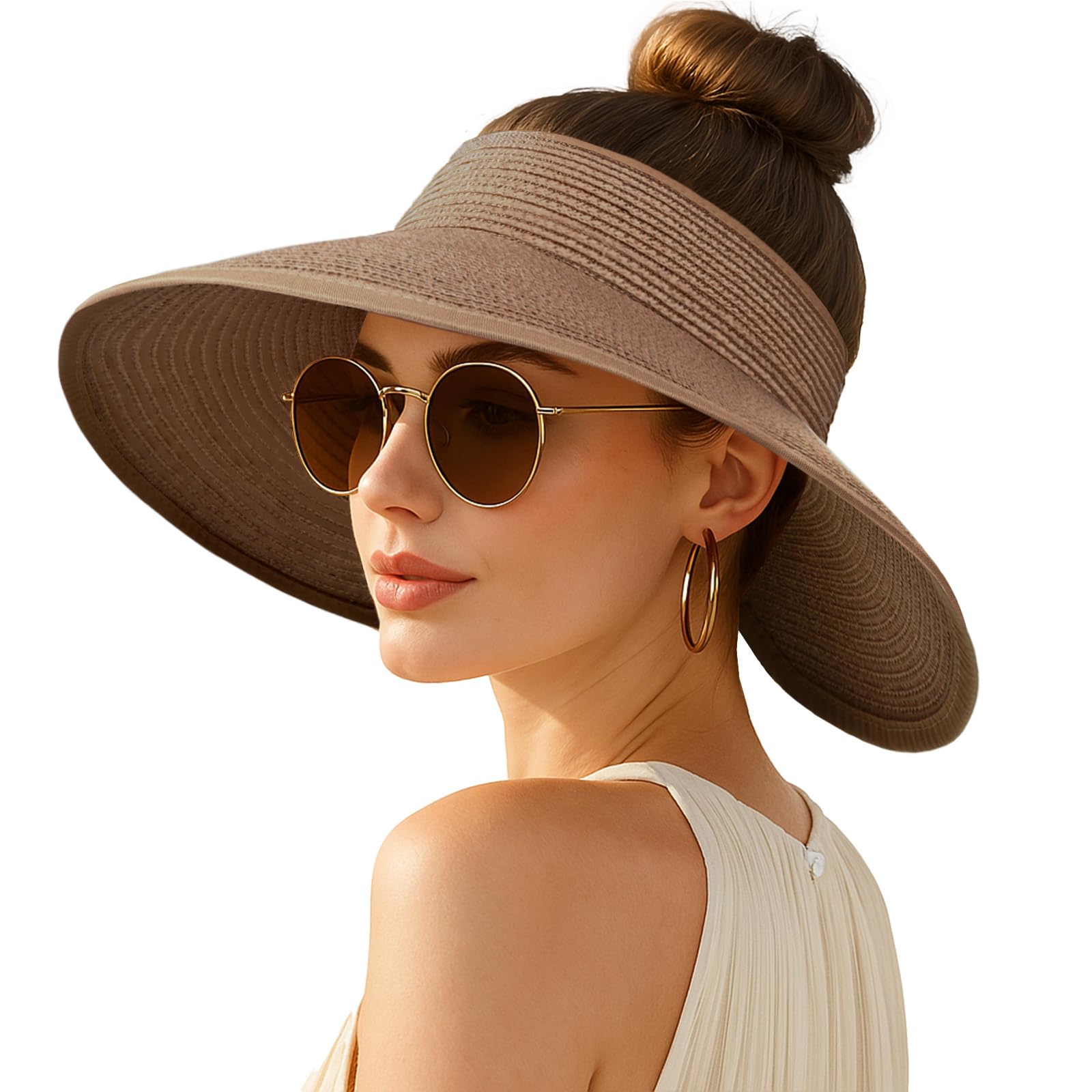 Women's Sun Visor Hats Wide Brim Straw Beach Hat Ponytail Hats for Women Foldable Floppy