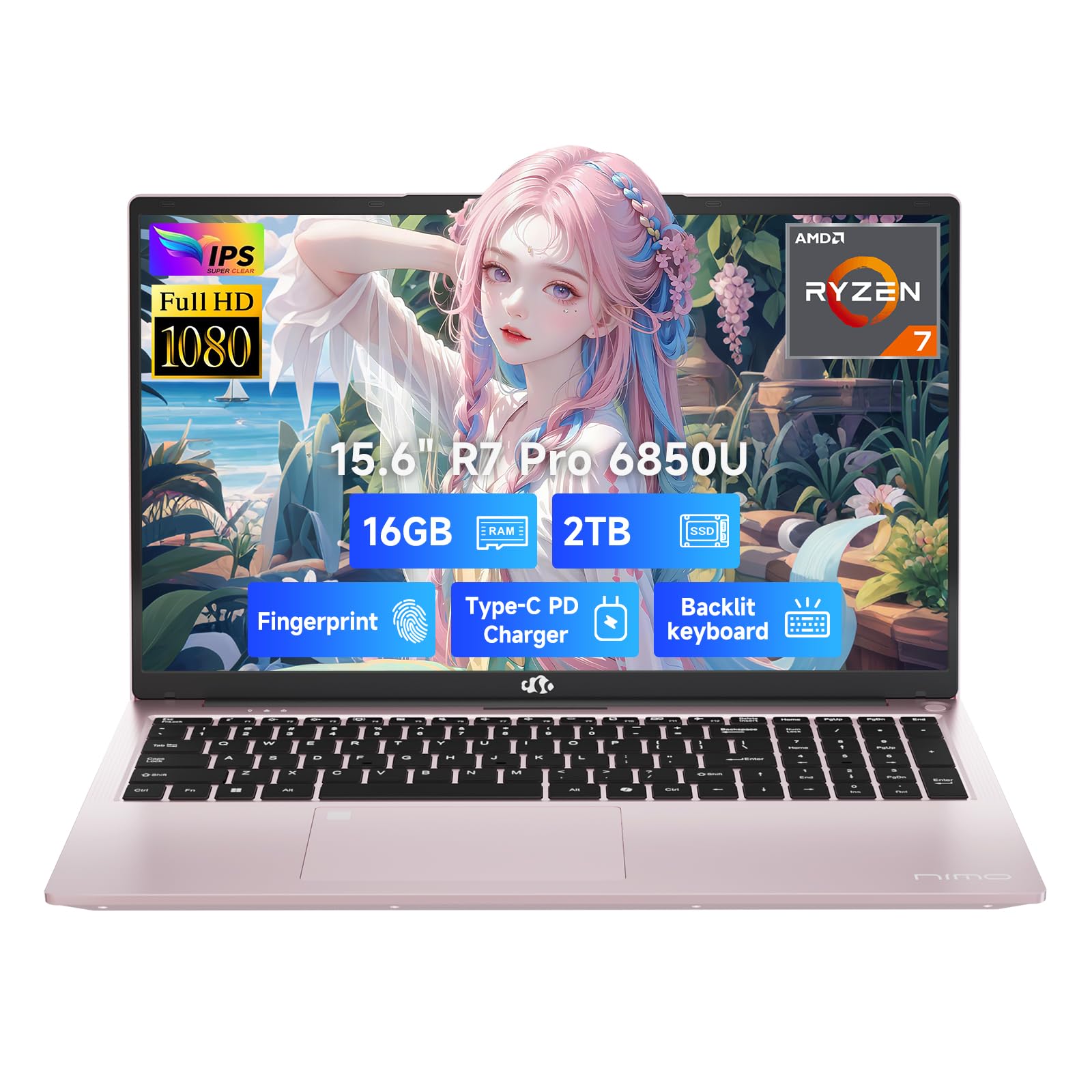 NIMO 15.6" FHD Light-Gaming-Laptop, 8 Cores AMD Ryzen 7 Pro 6850U 32GB LPDDR5 RAM 1TB SSD (Beat i7-1360P Up to 4.7GHz) GPU AMD Radeon 680M IPS Computer with 100W Type-C Backlit Keyboard Fingerprint