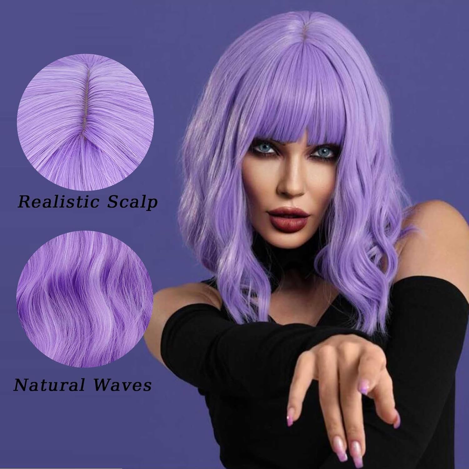 andromeda Purple Wig with Bangs Soft Short Bob Wavy Wigs for Women Synthetic Shoulder Length Women's Curly Wigs for Halloween Costumes Cosplay Daily (Purple)