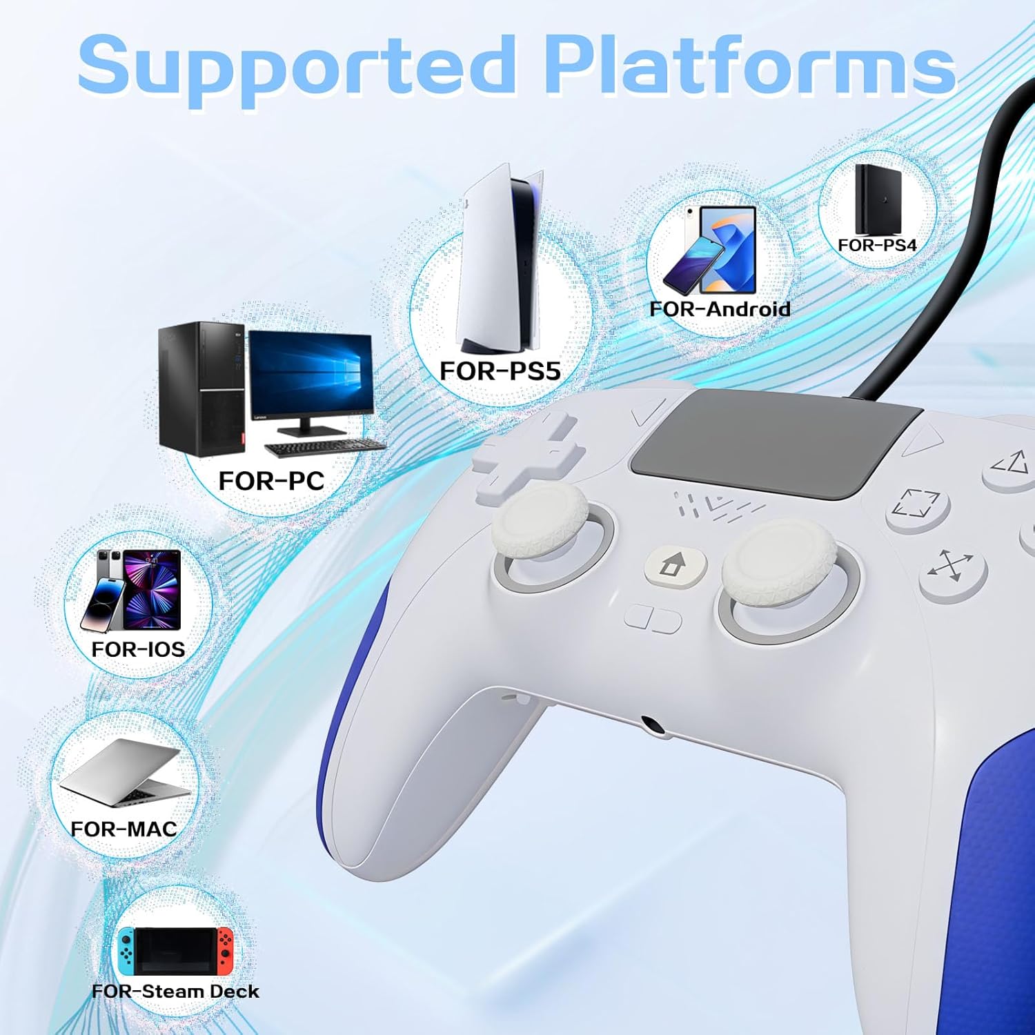 Kamylorus Wired Controller for PS-5/PC, Gaming Controller with Dual Vibration, Programmable/Remap/Turbo/RGB Light, 3.5MM Headphone Jack