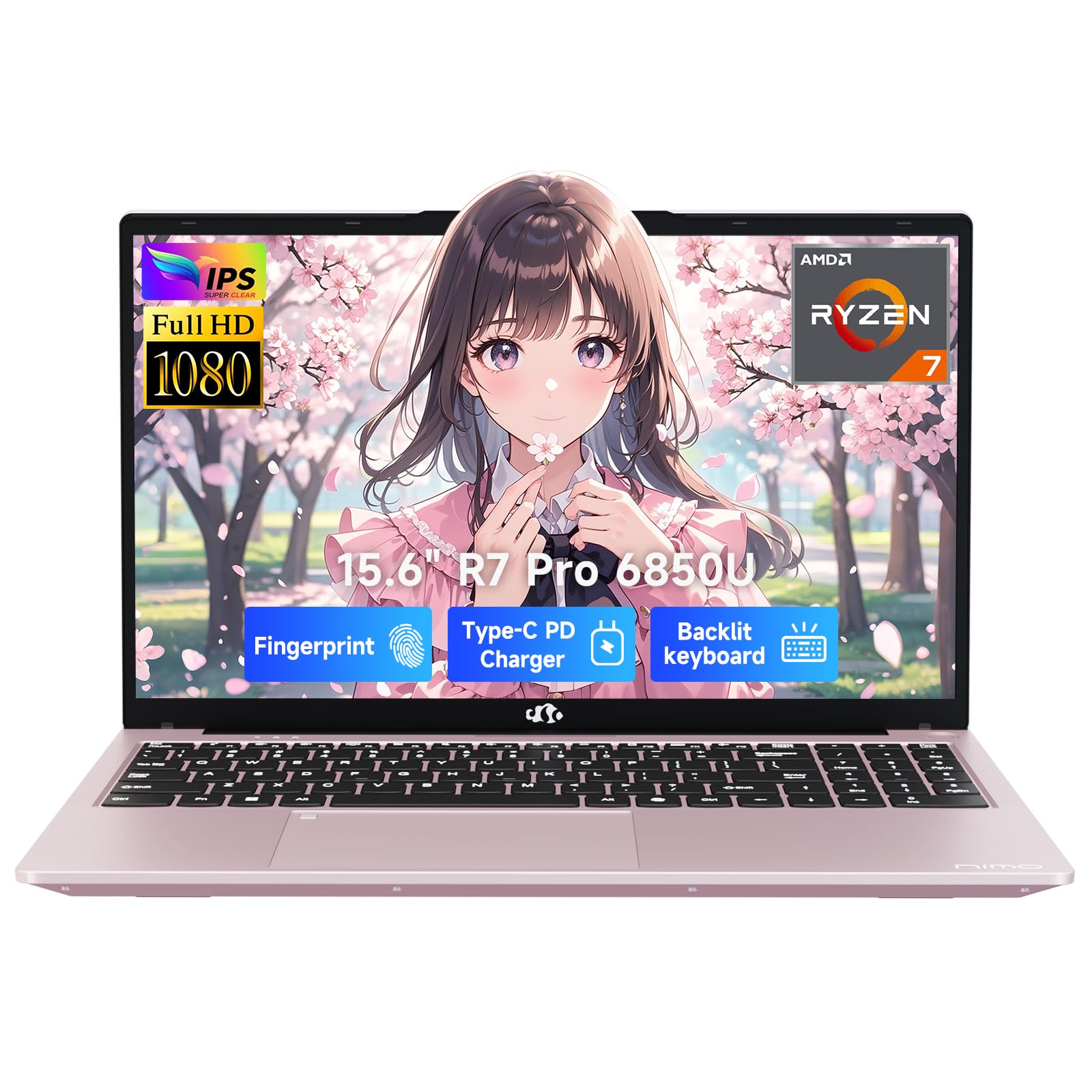 NIMO 15.6" FHD Light-Gaming-Laptop, 8 Cores AMD Ryzen 7 Pro 6850U 32GB LPDDR5 RAM 1TB SSD (Beat i7-1360P Up to 4.7GHz) GPU AMD Radeon 680M IPS Computer with 100W Type-C Backlit Keyboard Fingerprint