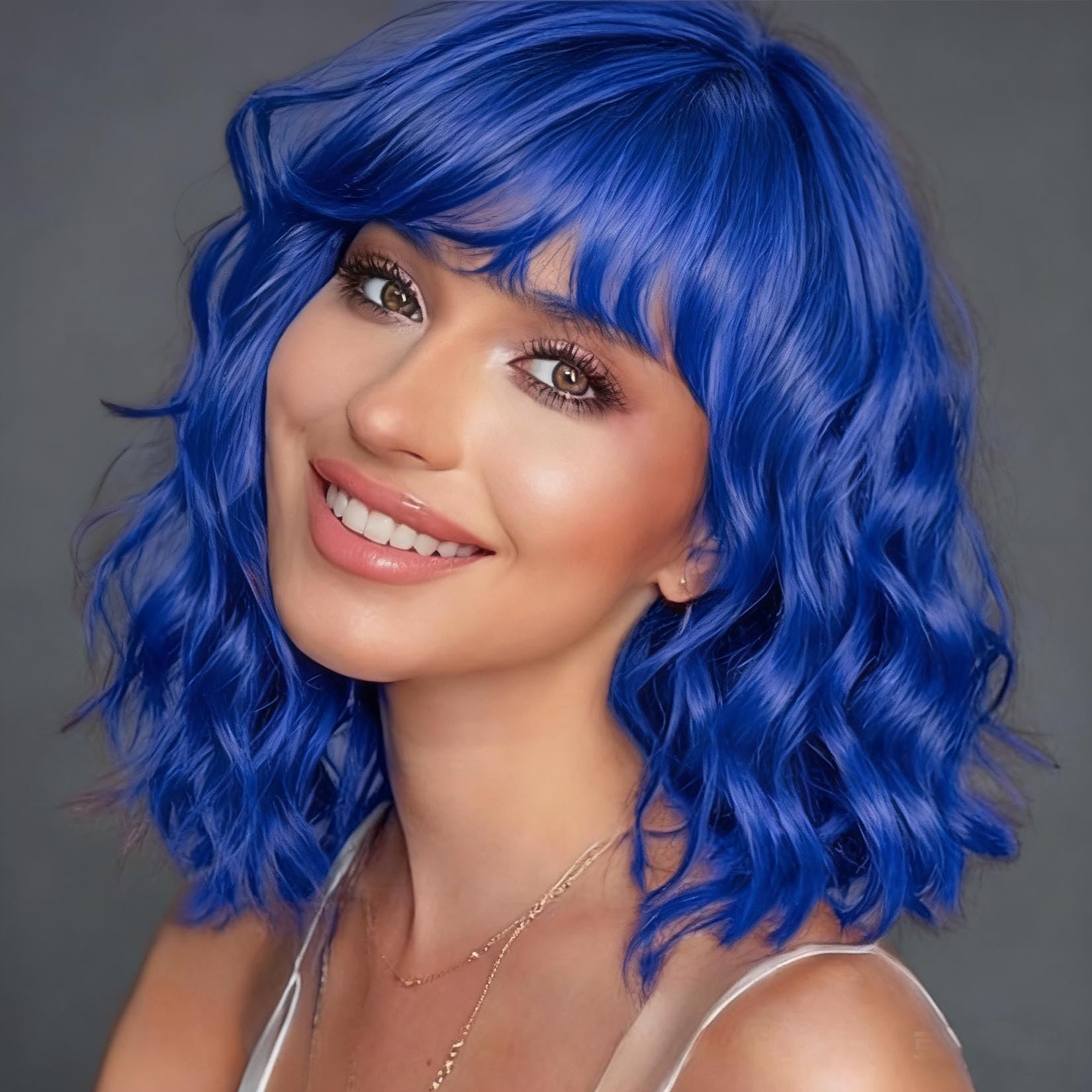 andromeda Purple Wig with Bangs Soft Short Bob Wavy Wigs for Women Synthetic Shoulder Length Women's Curly Wigs for Halloween Costumes Cosplay Daily (Purple)