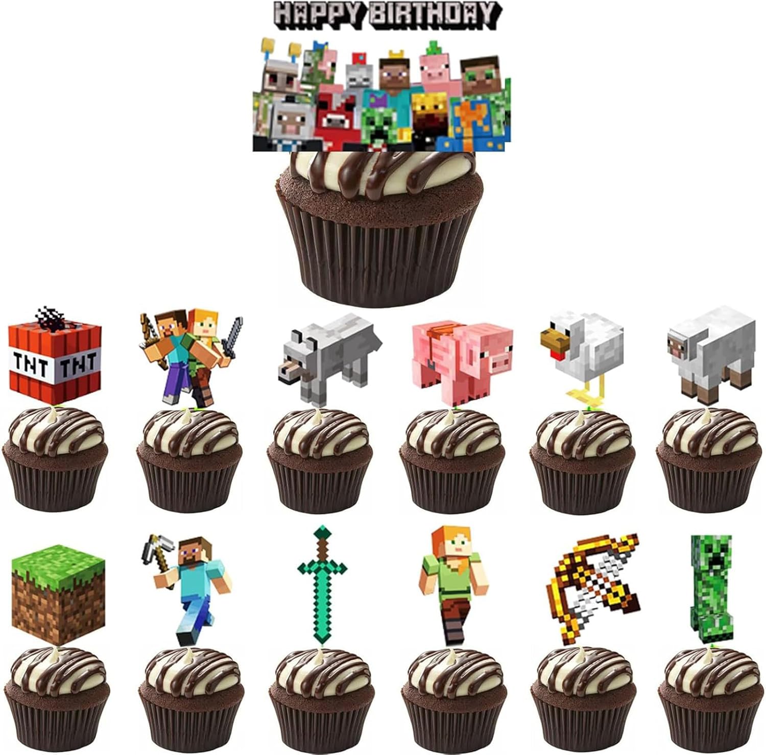 25 Pcs Pixel Styled Gamer Cake Decorations, Happy Birthday Cake Topper, Party Supplies for Boys & Girls