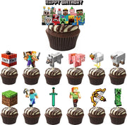 25 Pcs Pixel Styled Gamer Cake Decorations, Happy Birthday Cake Topper, Party Supplies for Boys & Girls