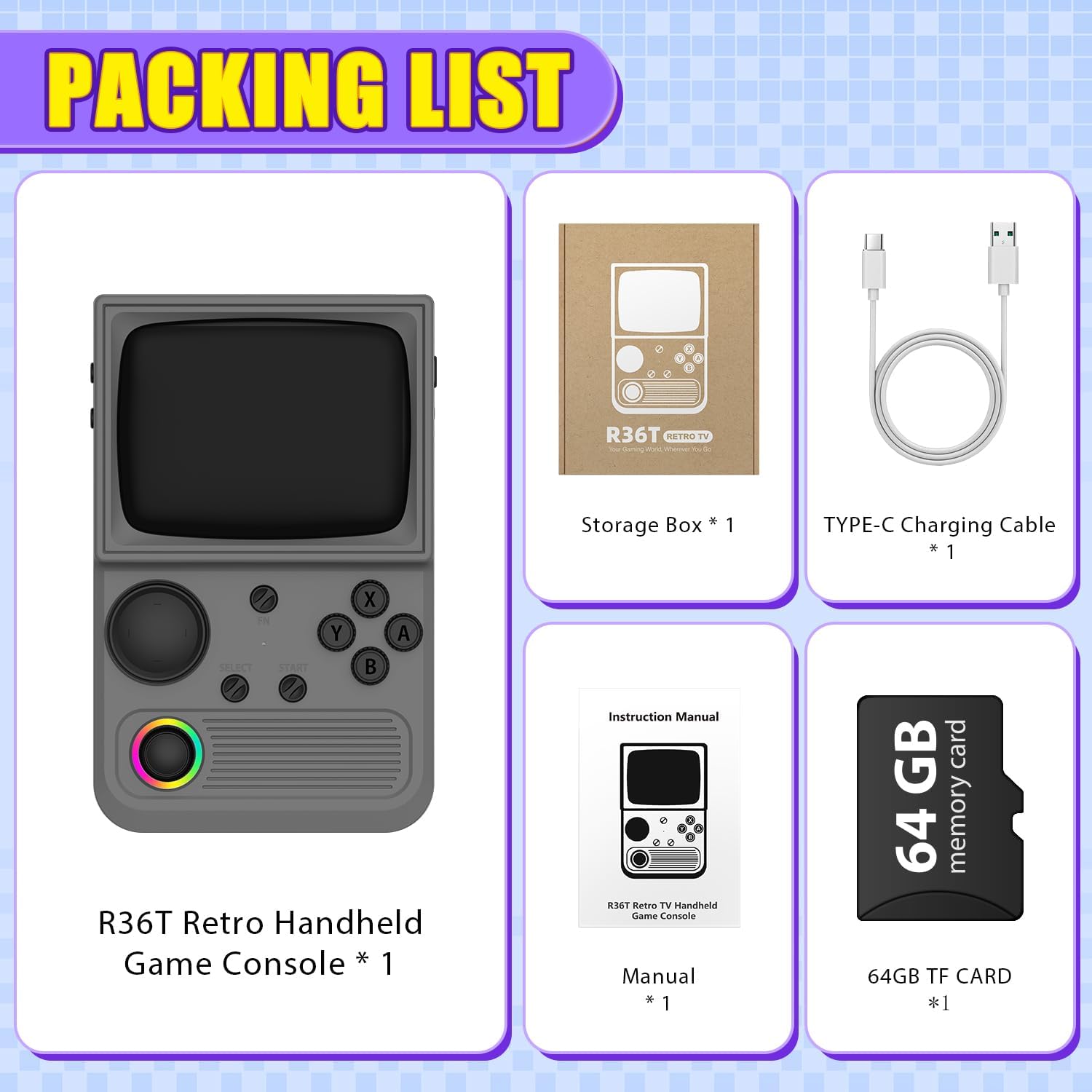 R36T Retro Gaming Console, 3.5'' IPS Screen CRT-Inspired, Handheld Game Console with 18000+ Classic Games Supports WiFi Networked Fighting and OTG, 3500mAh Battery, with Portable Case(Grey 64GB)