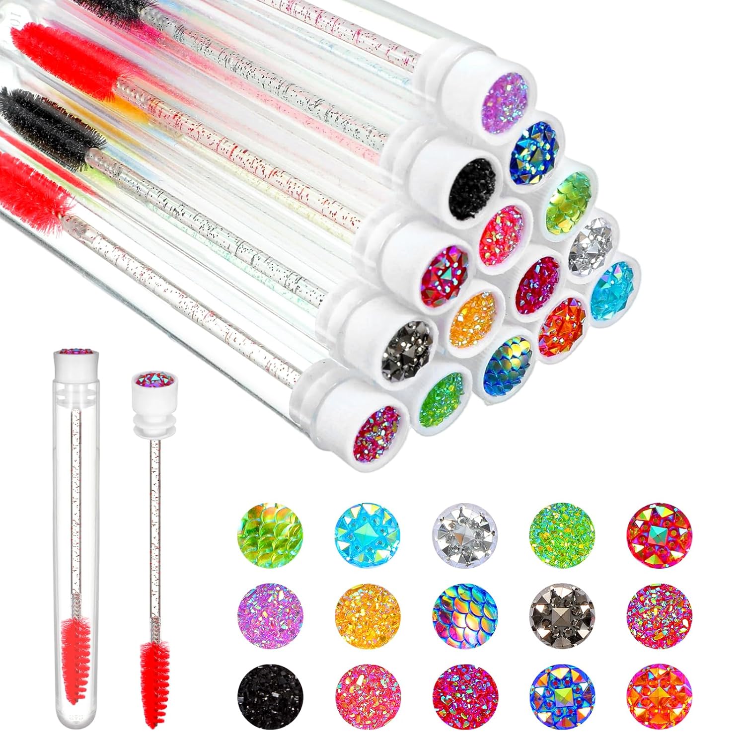 15 Pcs Colorful Diamond Eyelash Brushes with Tubes Disposable Mascara Wand Set Eyelash Spoolies Eyebrow Applicator Supplies Makeup Tool for Eyelashes Extensions
