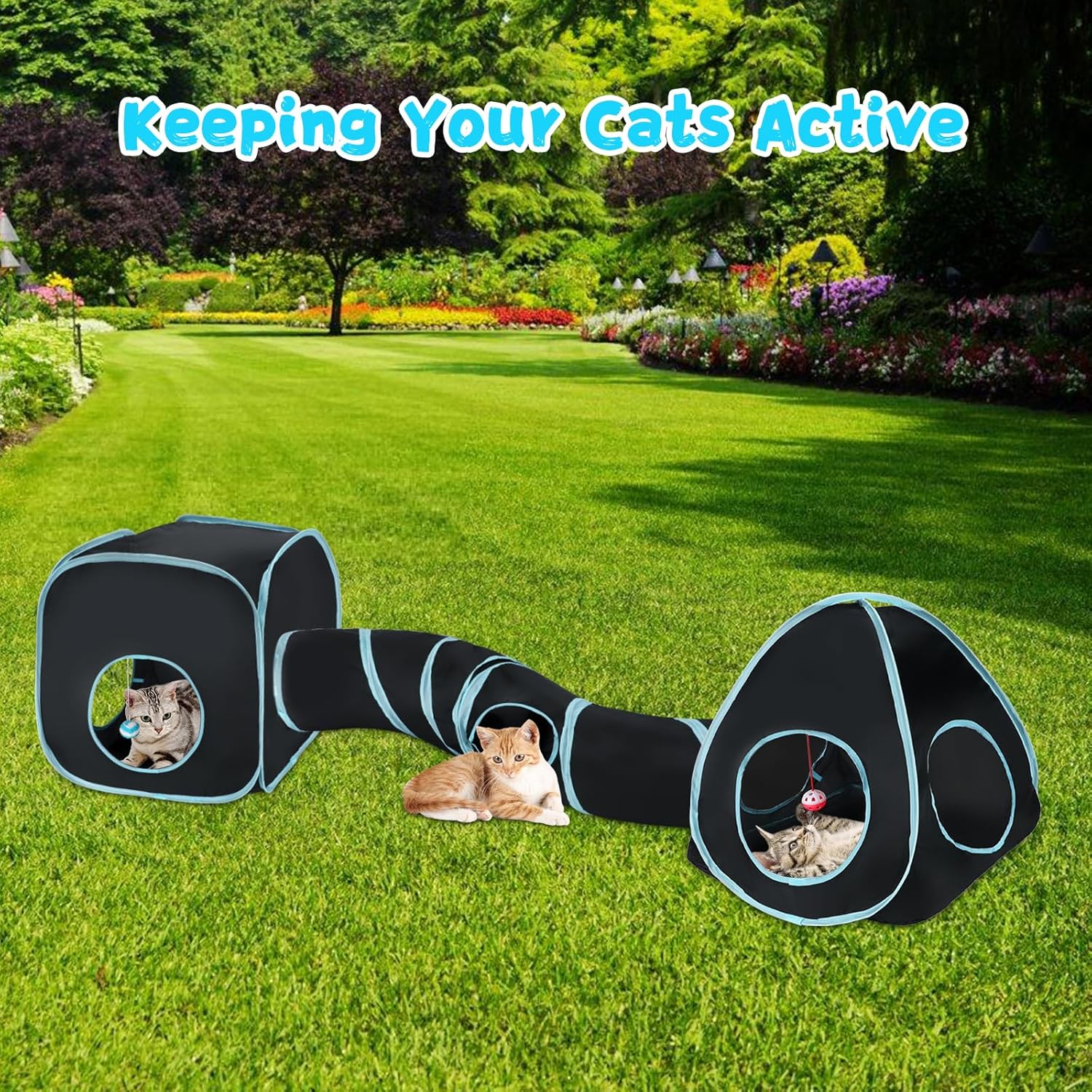 Rypet Cat Tunnels for Indoor Cats with Cube Tent, Interactive Collapsible Cat Tube and Foldable Cubes Playground for Hiding Hunting and Resting, Pet Tube with Bell for Kitten, Rabbit, Puppy, Ferret