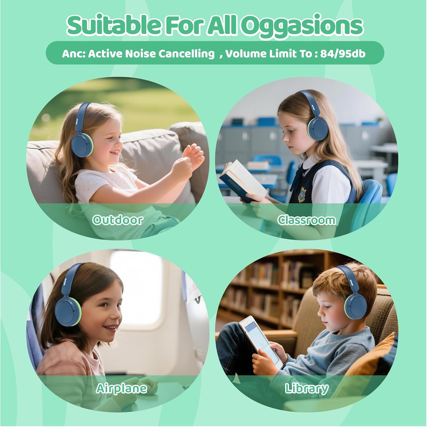 MIDOLA Active Noise Cancelling Kids Headphones Bluetooth 5.4 Wireless Volume Limited 85/94dB,Type C Fast Charging,Over Ear Foldable with Mic Aux Cord for Toddler Child Pad Tablet Blue
