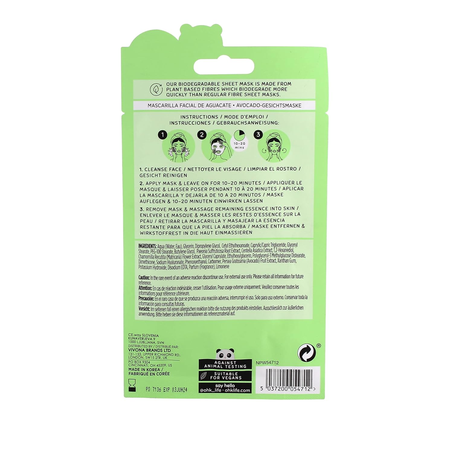 Oh K! Sheet Mask - Avocado - Moisturizing Face Mask - Hydrating Face Sheets - Rich in Hyaluronic Acid, Avocado Extract - Korean Skincare - 1 Pc