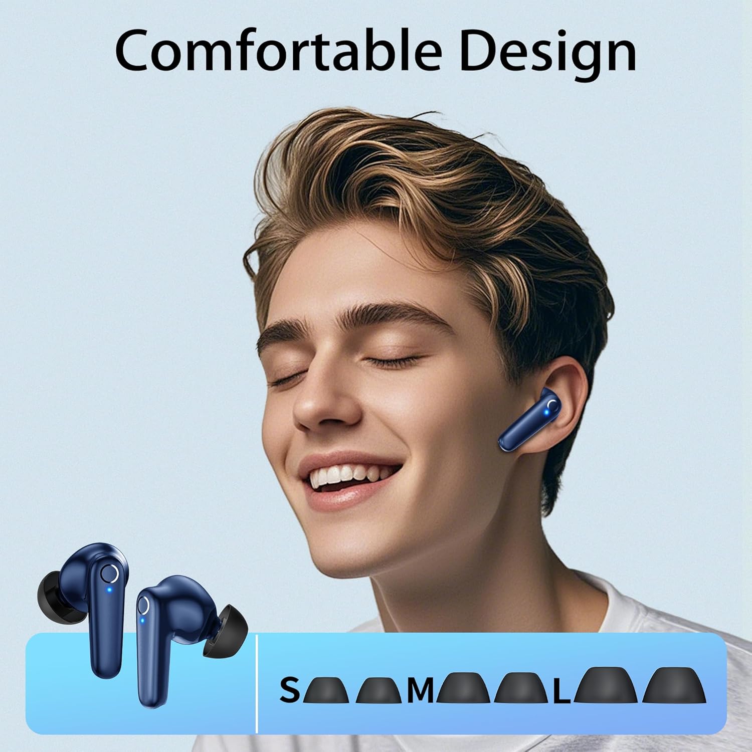 Redpepper Wireless Ear Buds Bluetooth 5.3 60H Using Time Headphones Deep Bass Clear Call Earbuds with Built-in Mic Touch Control Lightweight Headsets for Studying Working Gaming Blue