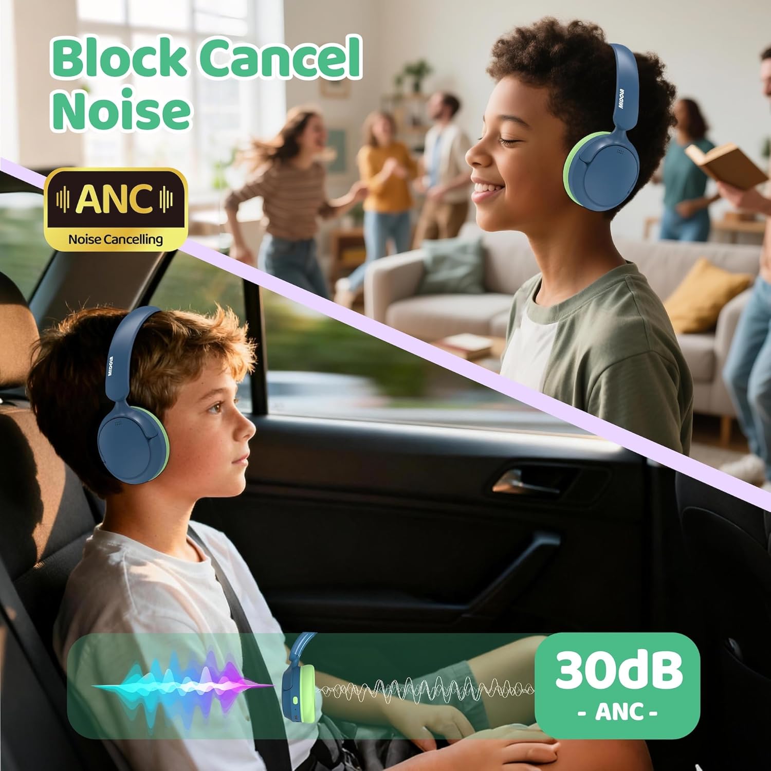 MIDOLA Active Noise Cancelling Kids Headphones Bluetooth 5.4 Wireless Volume Limited 85/94dB,Type C Fast Charging,Over Ear Foldable with Mic Aux Cord for Toddler Child Pad Tablet Blue