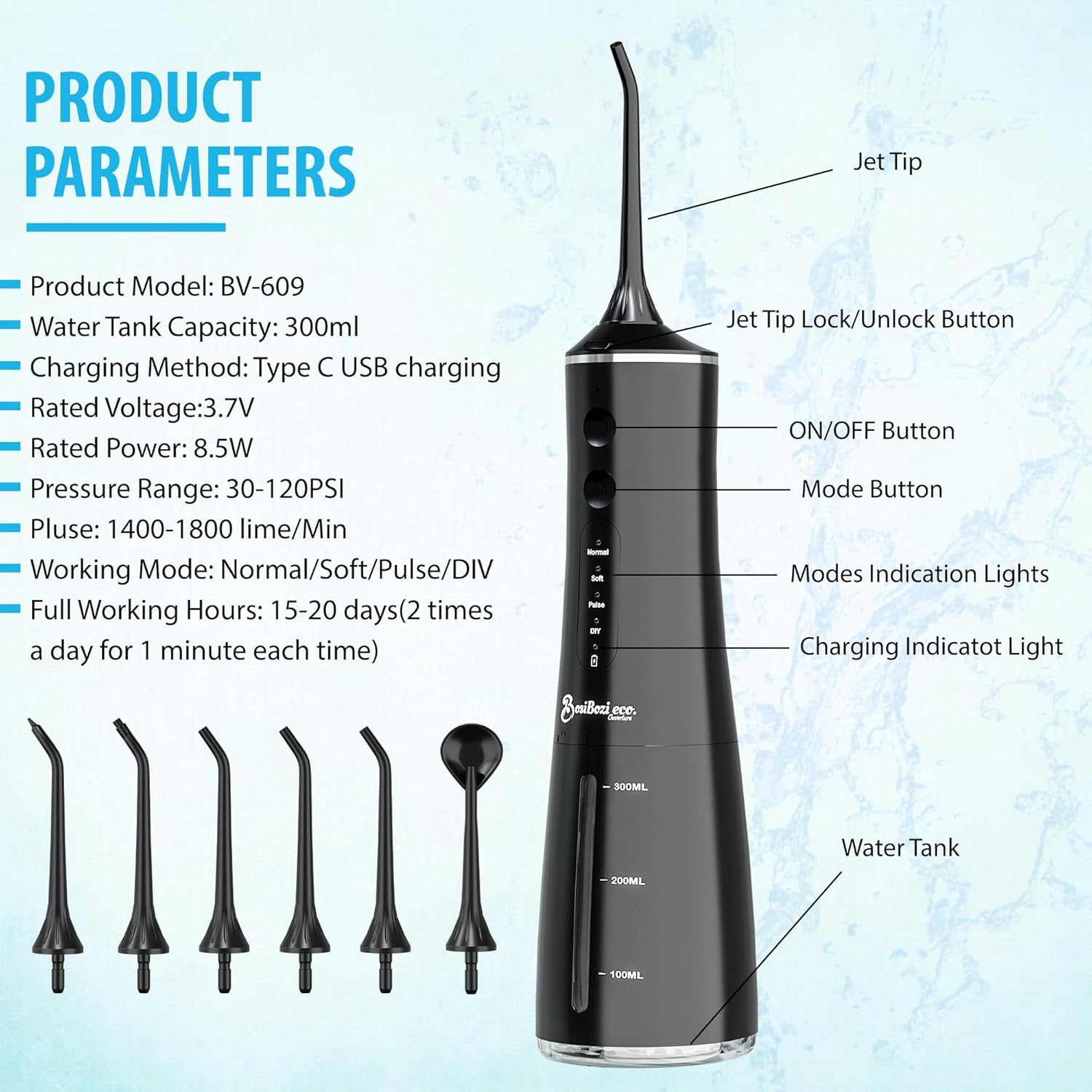 BosiBozi Rechargeable Water Flossers for Teeth, 4 Modes Cordless & Portable Power Dental Flossers 300ML Tank, IPX7 Waterproof Water Flosser, USB-C Charing Cable, 3 Jet Heads, 1 Tongue Scrapper