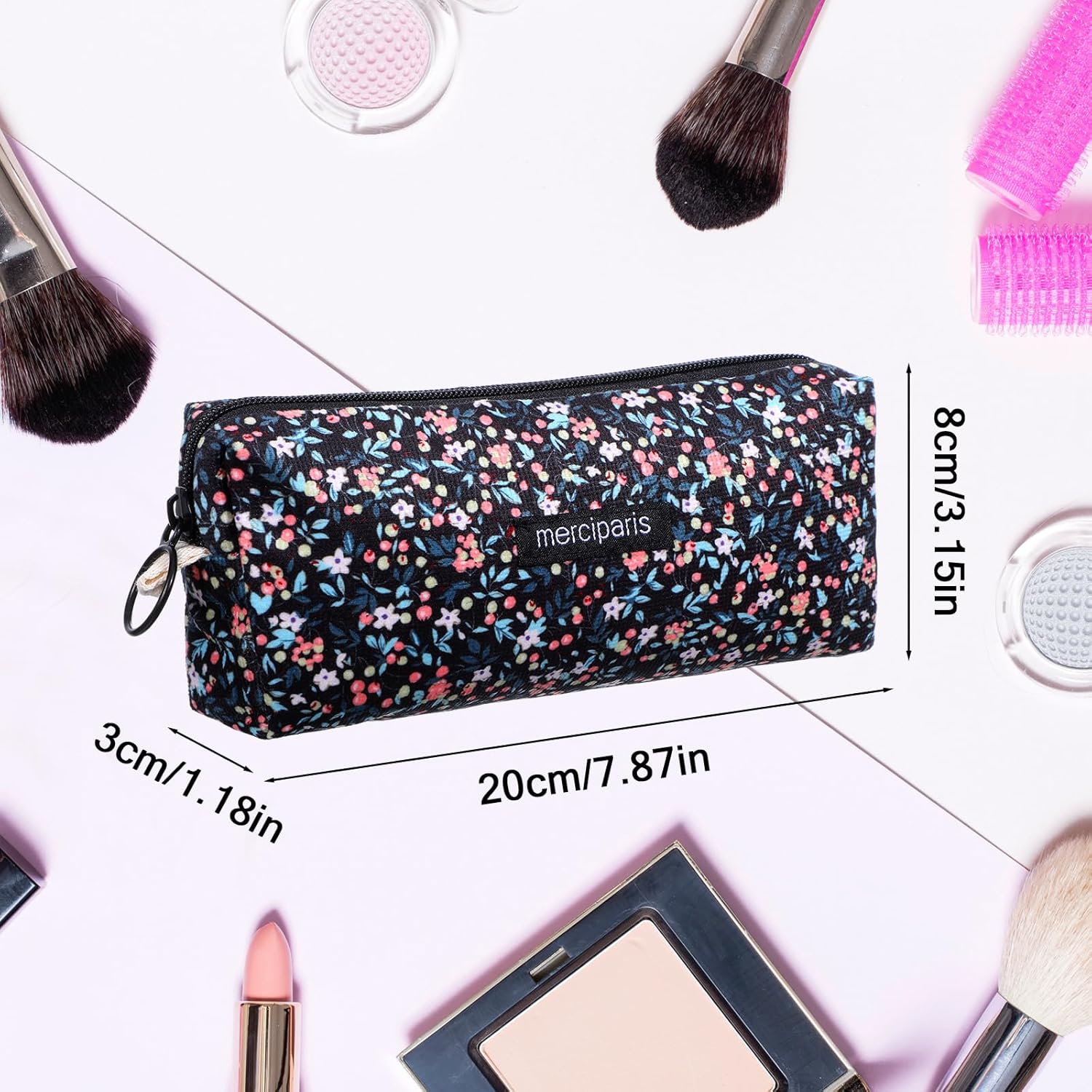 Floral Pencil Case, Retro Floral Pencil Pouch Soft Small Cosmetic Pen Bags Corduroy Pencils Bags for Office College Flower Makeup Pouch for Women Storage Purse(Black)