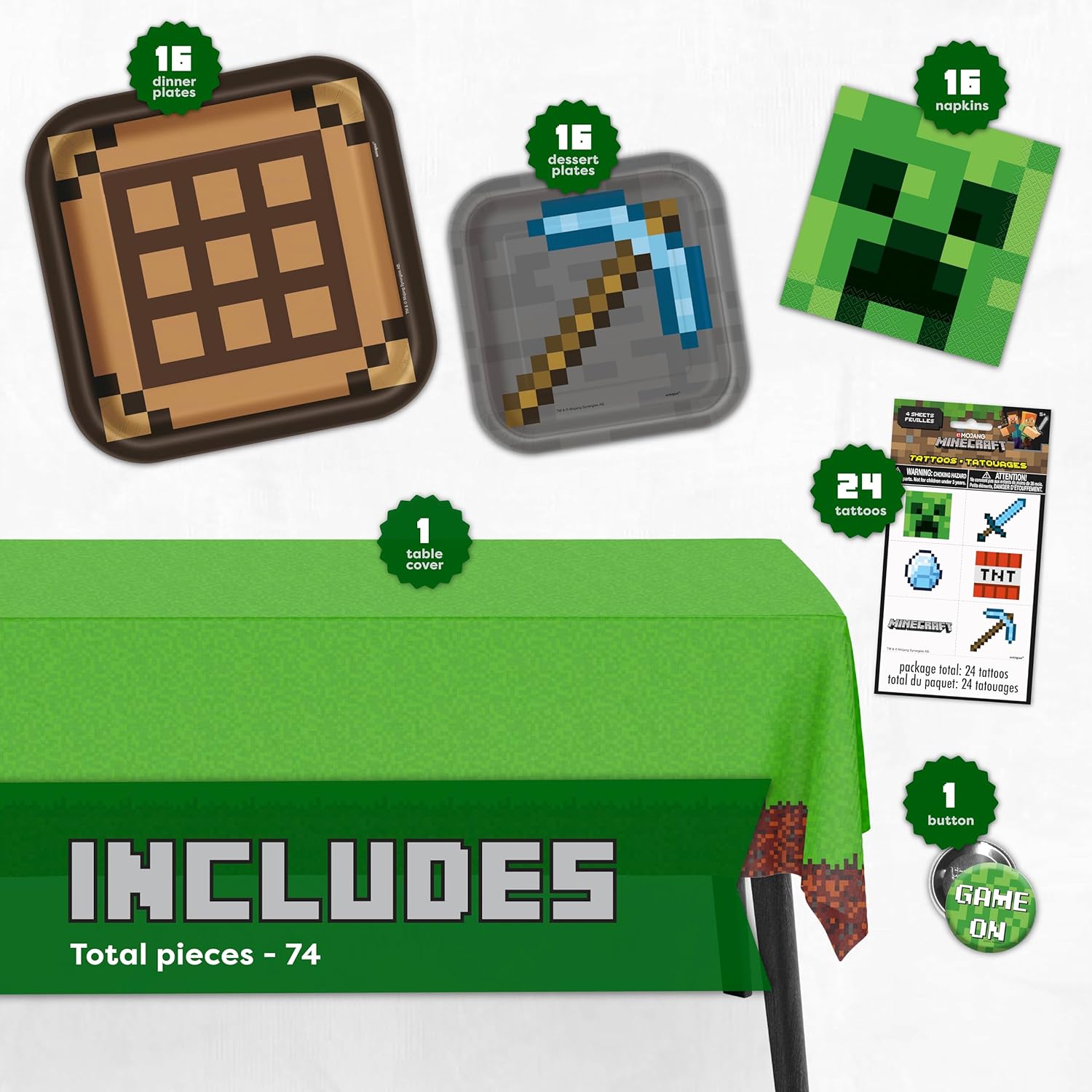 Minecraft Party Supplies, Minecraft Birthday Party Supplies for Boys or Girls - Serves 16 Guests - With Table Cover, Plates and More