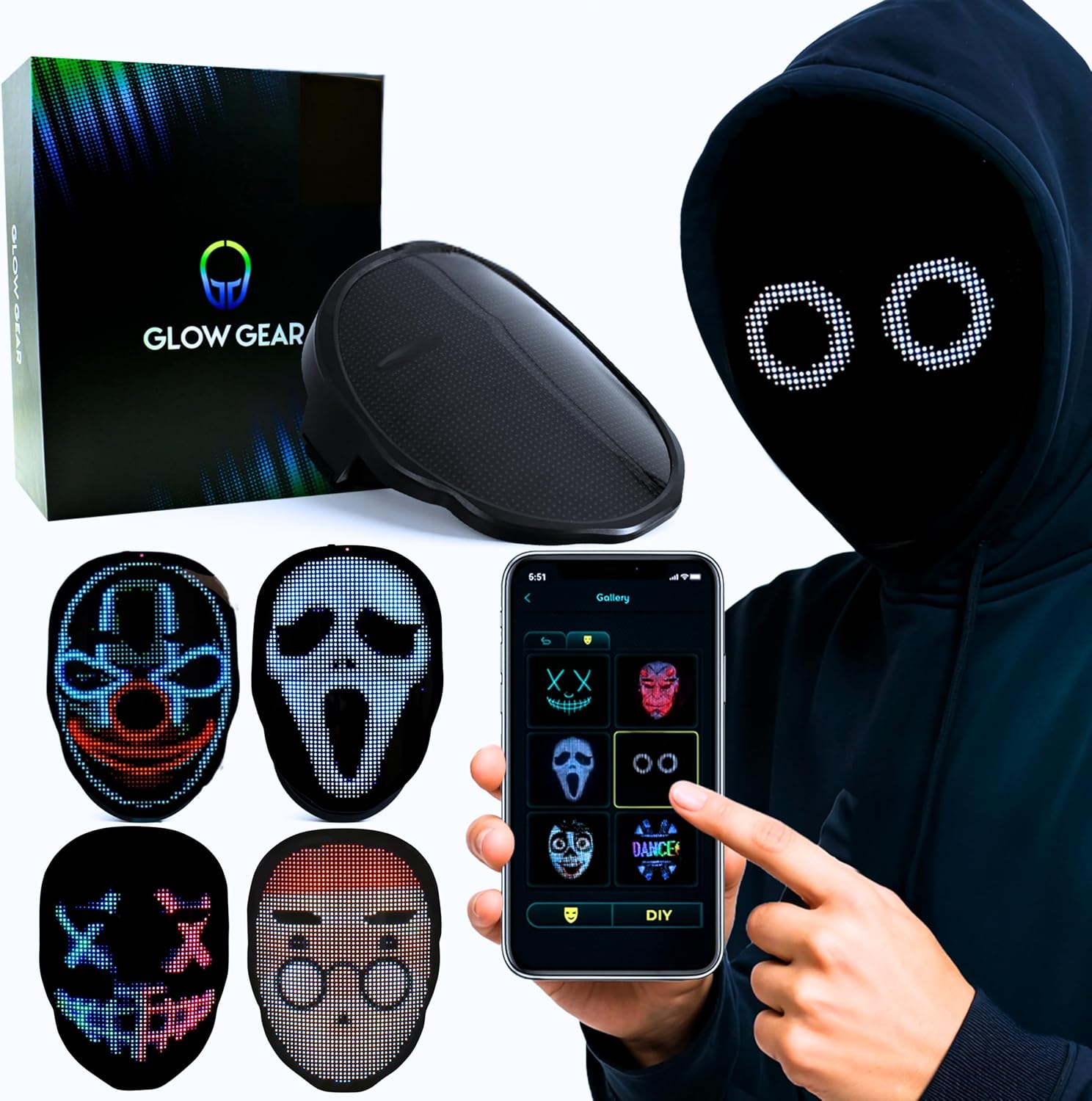 Face Transforming LED App Controlled Light Up Cosplay Mask with 115+ Animated Faces Customizable LED Patterns
