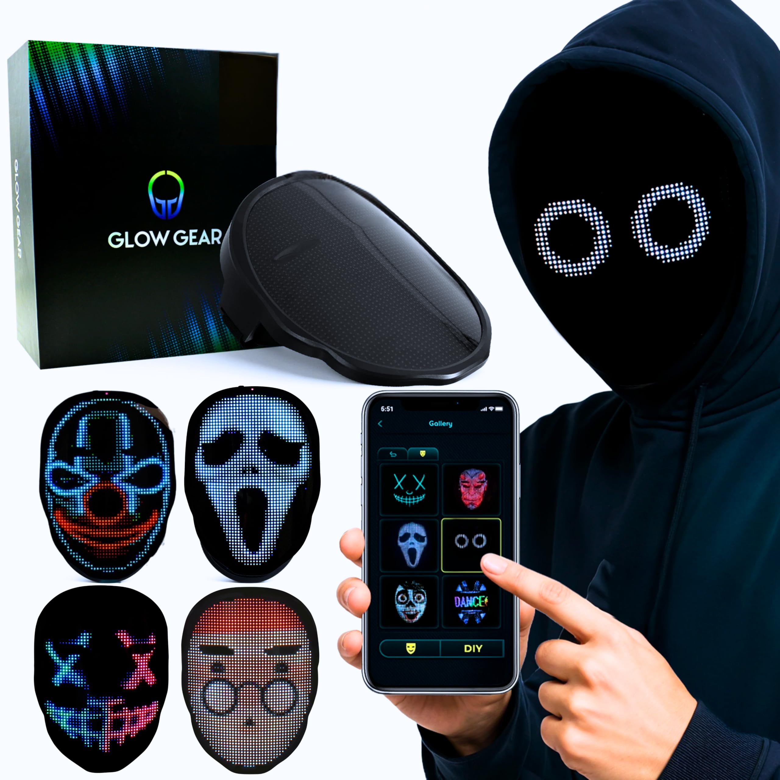 Face Transforming LED App Controlled Light Up Cosplay Mask with 115+ Animated Faces Customizable LED Patterns