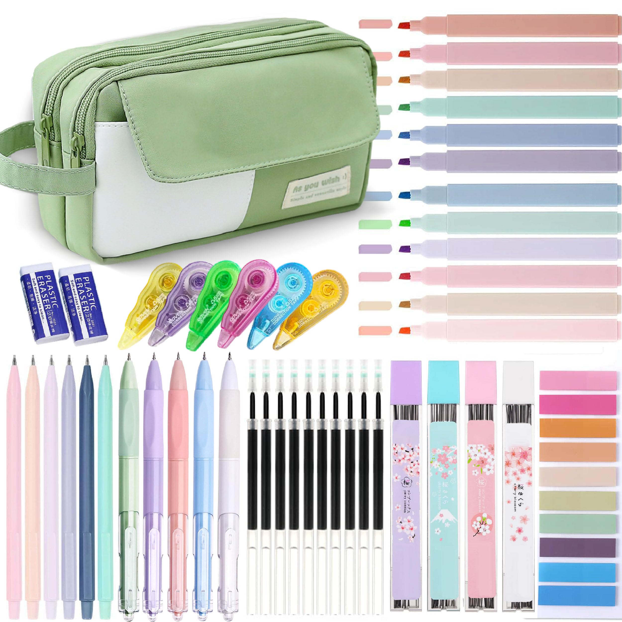 42 Pcs Big Capacity Pencil Pouch with Aesthetic School Supplies, 12 Pastel Highlighters, 5 Black Ink Gel Pens, 6 Mechanical Pencils Set 0.5 & 0.7mm, Sticky Notes, Stationary Set for Student(Black)
