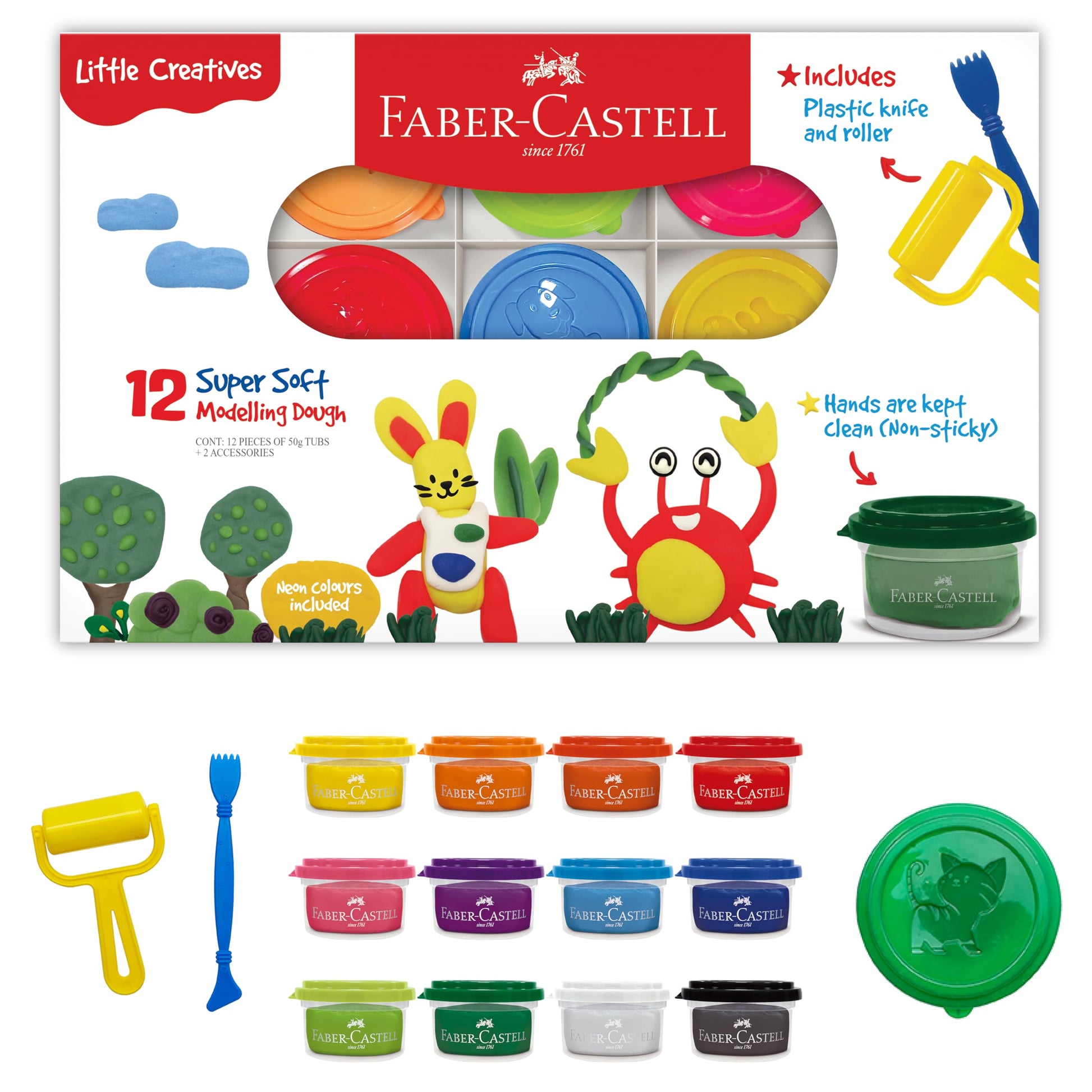 Faber-Castell Little Creatives Super Soft Modeling Dough: 4 Classic Colors and Play Dough Accessories, Non Toxic Playdough Kit for Toddlers, Gifts for Kids and Preschool (Ages 3+)