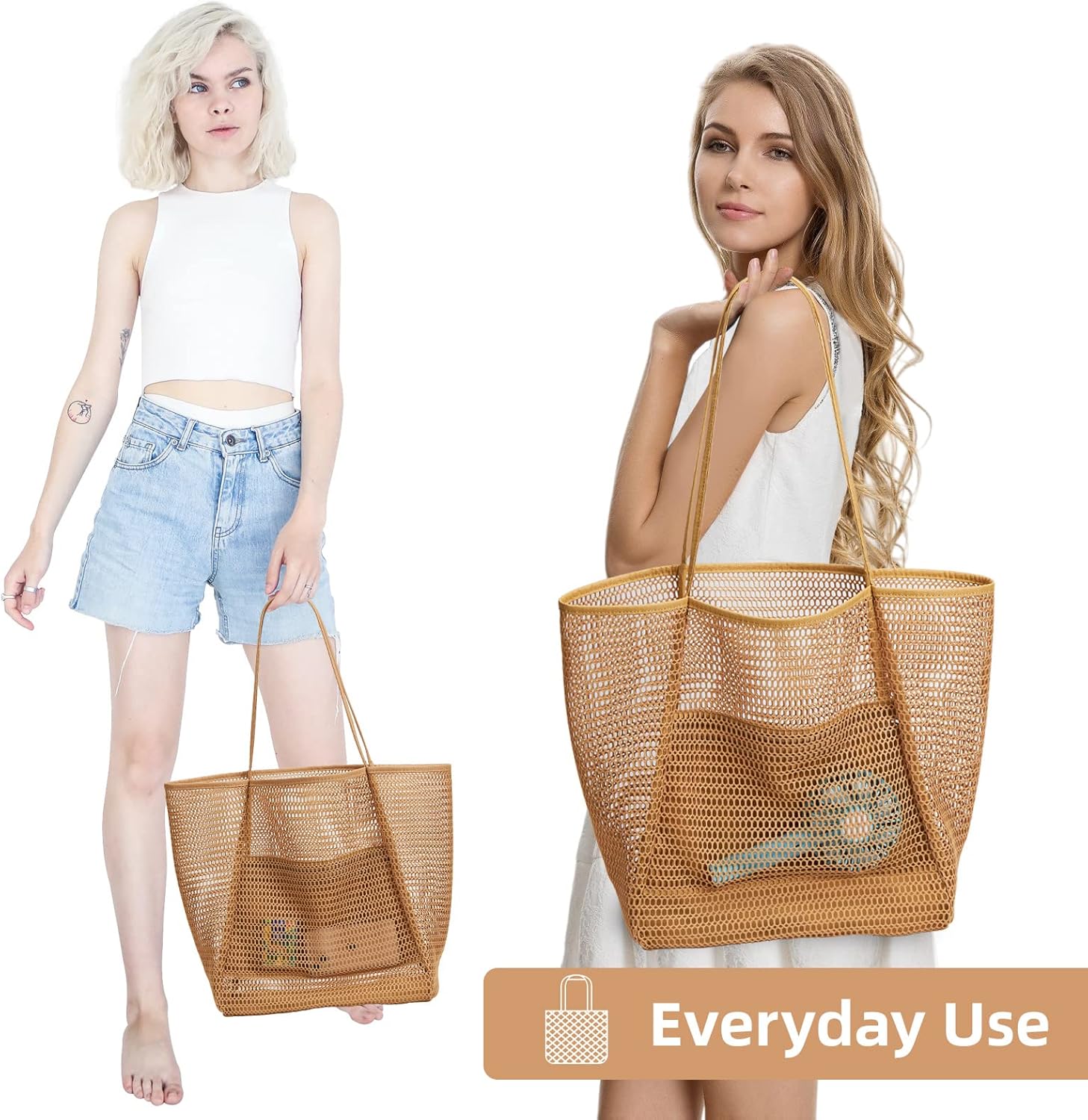 KALIDI BeachNylon Mesh Tote Bag, Casual Tote Bag Hobo Women Foldable MAX 23L Shoulder Bag For Beach Picnic Vacation