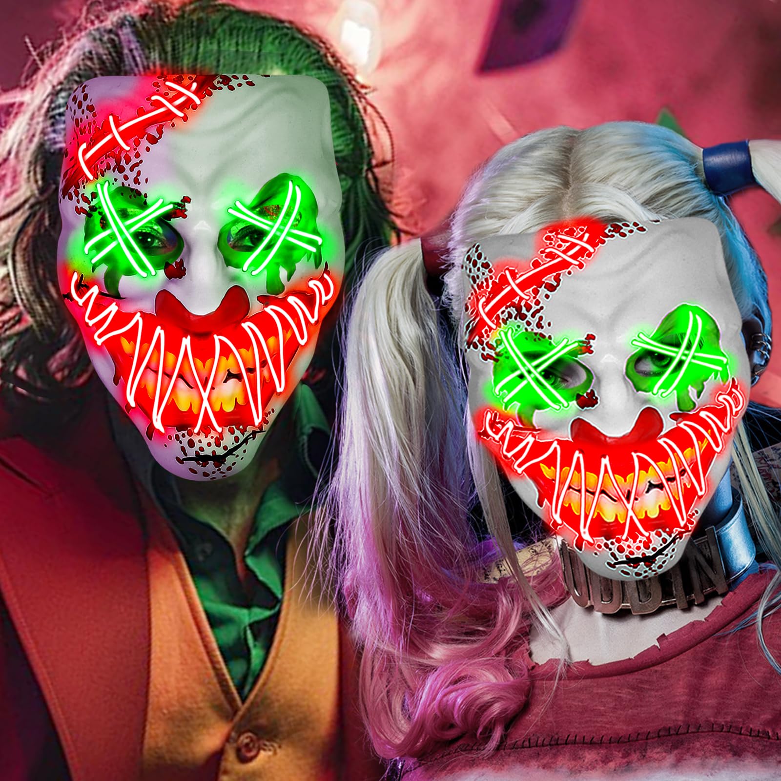 Halloween LED Clown Mask for Aldult & Kids，EL Wire Scary Purge Mask for Cosplay Costume,Light up for Festival Party