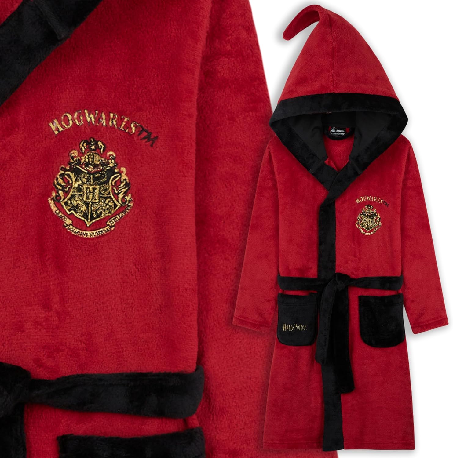 Harry Potter Kids Fleece Robe with Hood and Pockets, Cozy Tie Waist House Robes, Soft Lounge Bathrobe, Gifts for Girls Boys